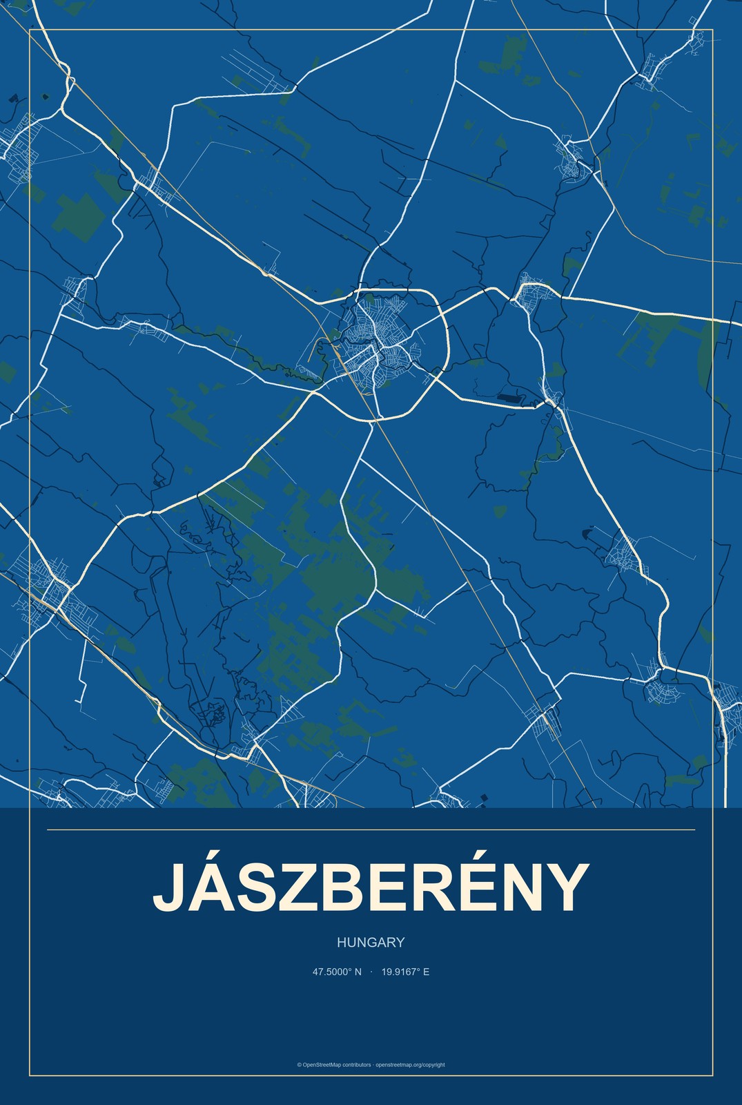 Jászberény, Hungary City Map Aluminum Sign in Harbor Cobalt style