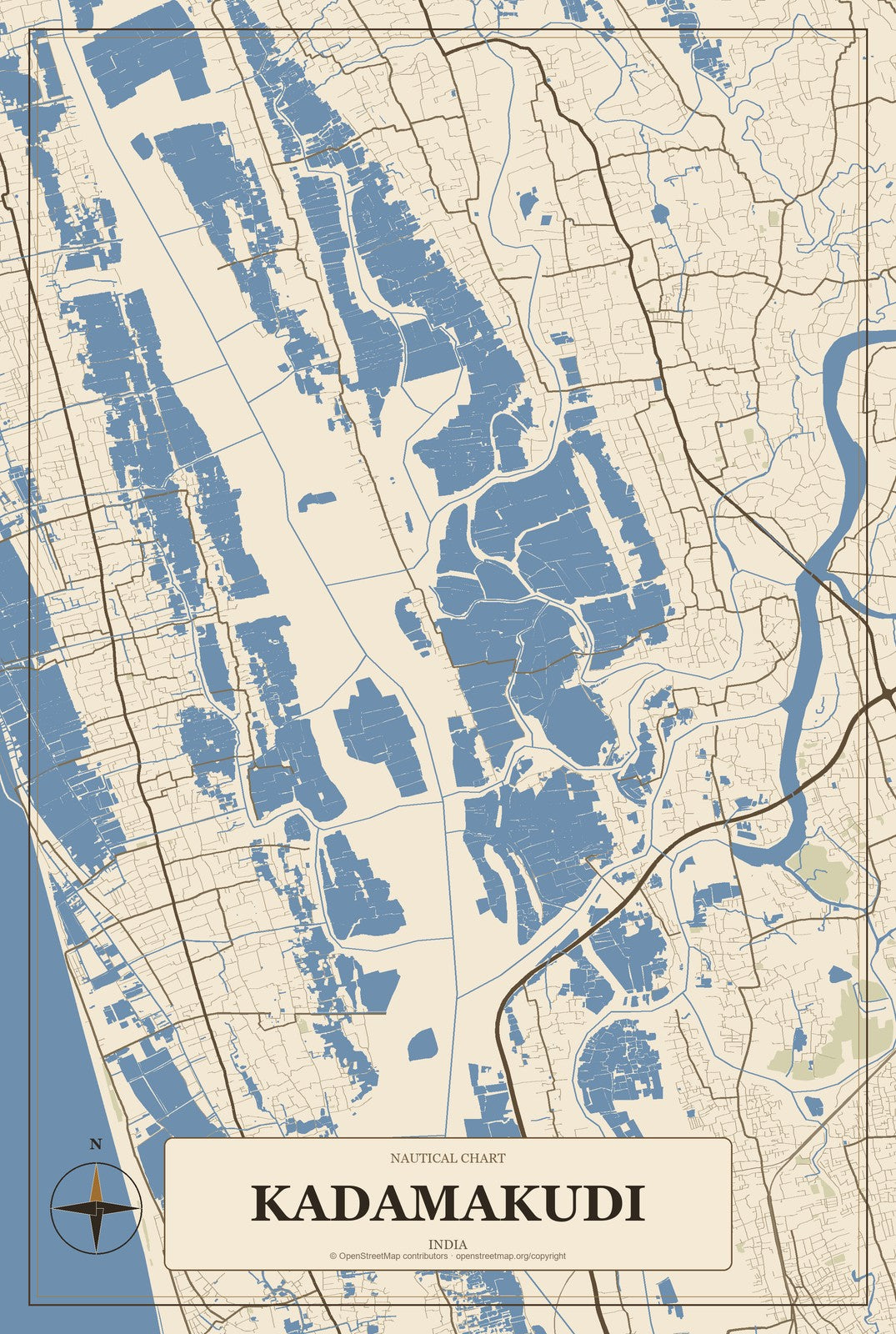 Kadamakudi, India City Map Aluminum Sign in Heritage Nautical style