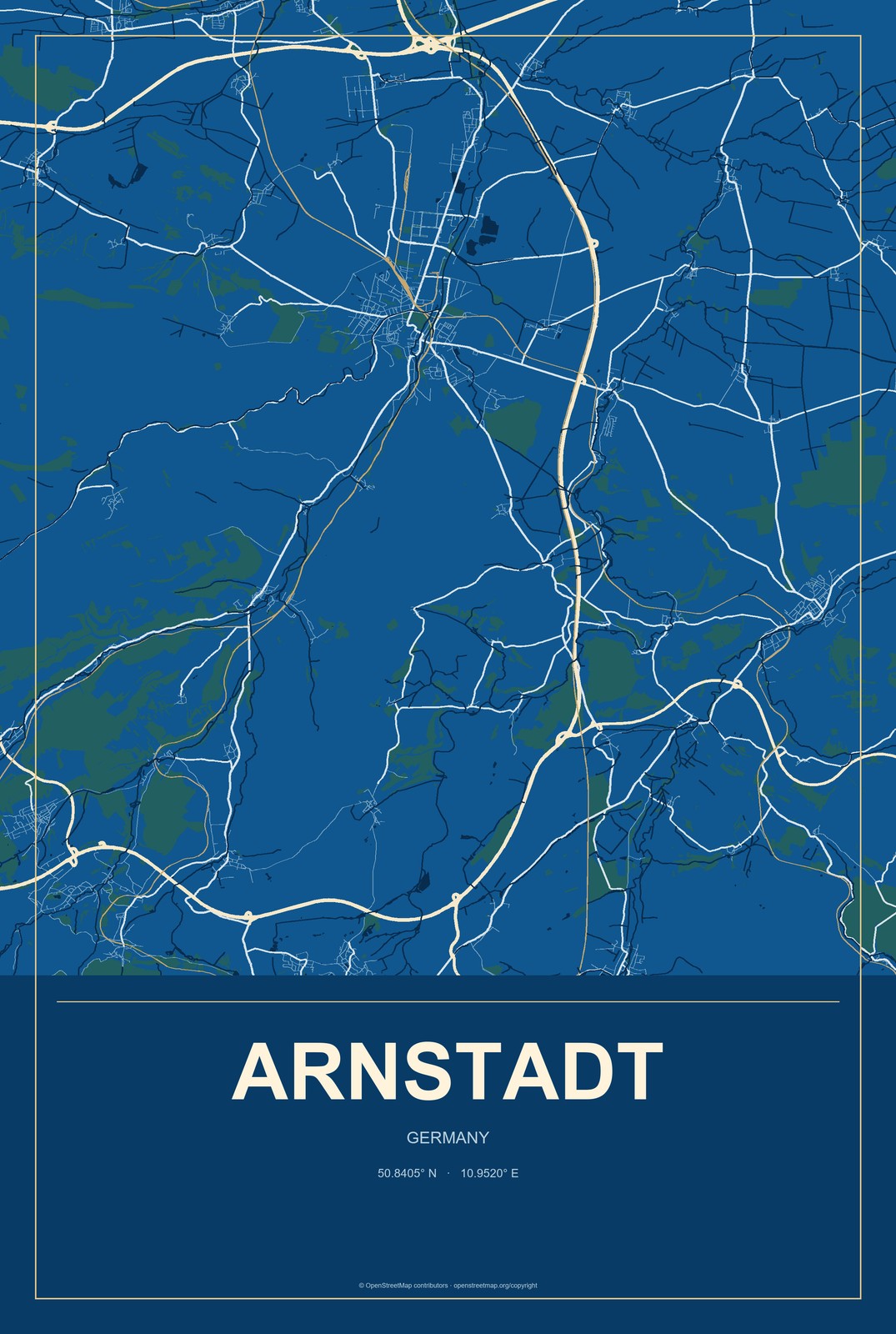 Arnstadt, Germany City Map Aluminum Sign in Harbor Cobalt style