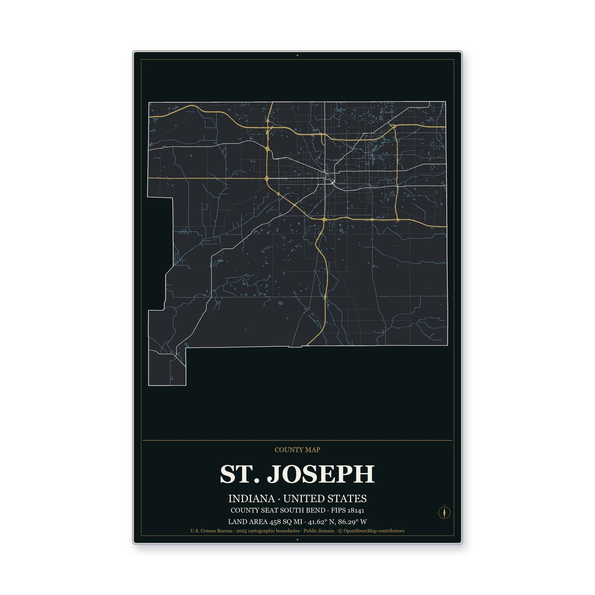 St. Joseph County, Indiana Map Aluminum Sign in Metropolitan Noir style