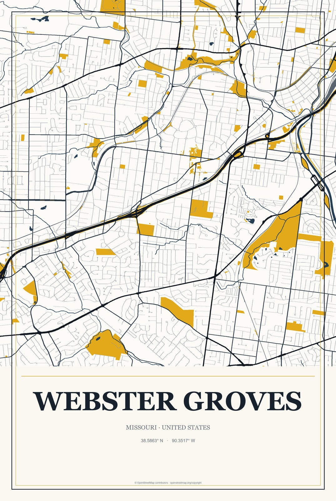 Webster Groves, Missouri City Map Aluminum Sign in Citrine Modern style