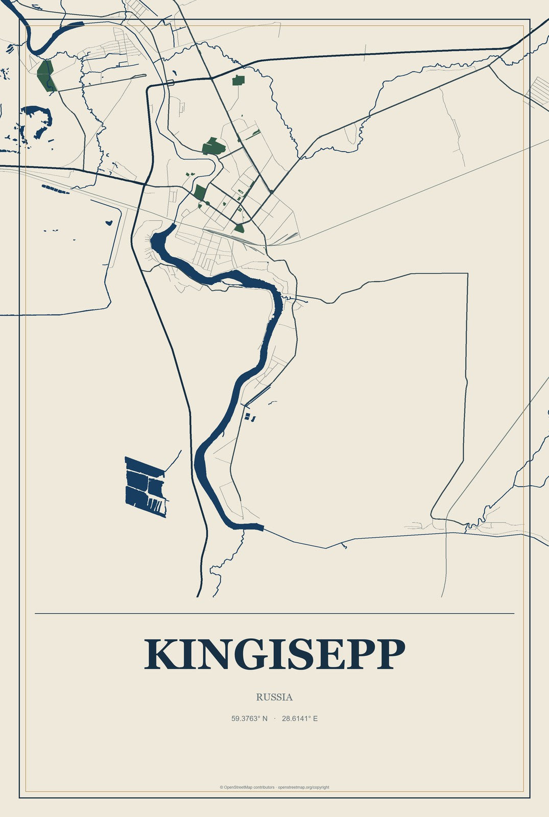 Kingisepp, Russia City Map Aluminum Sign in Coastal Cutout style