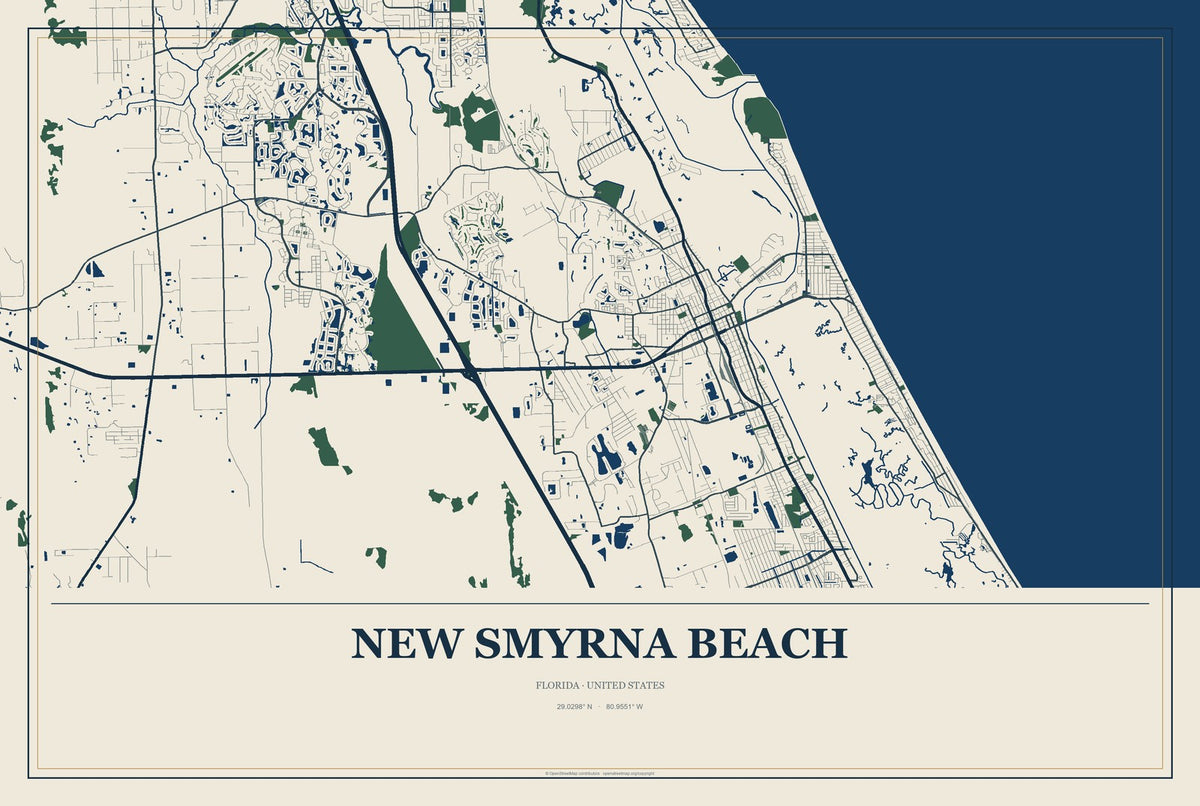 New Smyrna Beach, Florida City Map Aluminum Sign in Coastal Cutout style