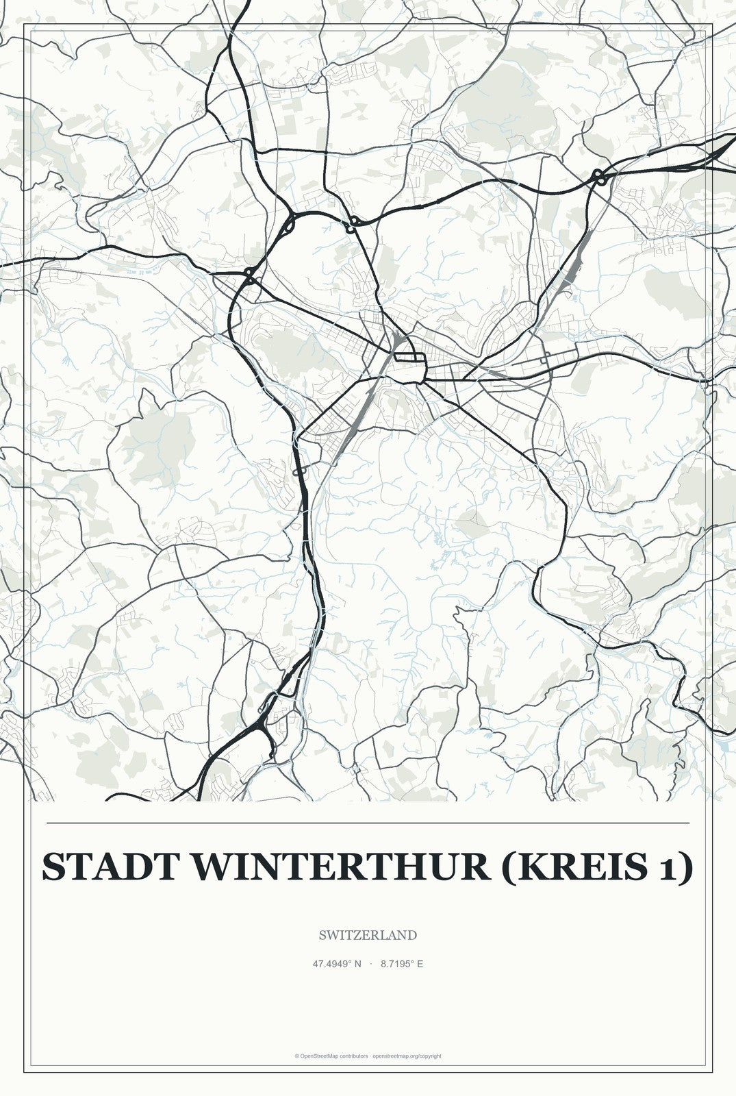Stadt Winterthur (Kreis 1), Switzerland City Map Aluminum Sign in Gallery Air style