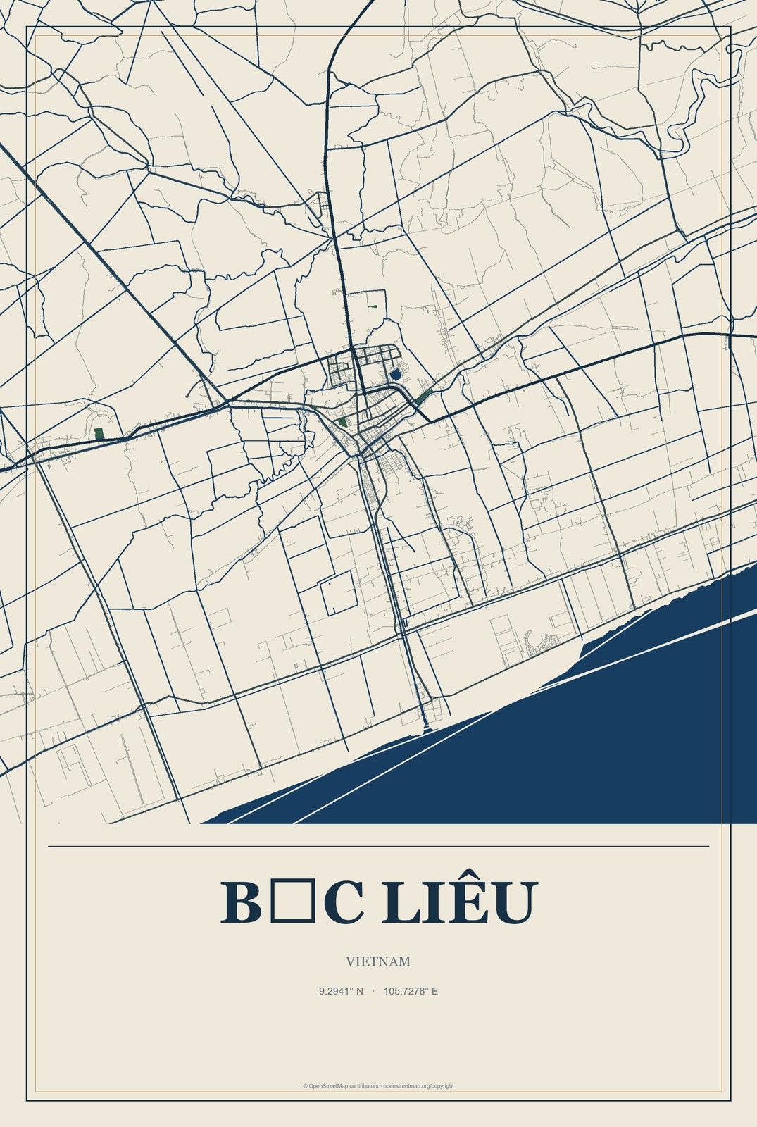 Bạc Liêu, Vietnam City Map Aluminum Sign in Coastal Cutout style
