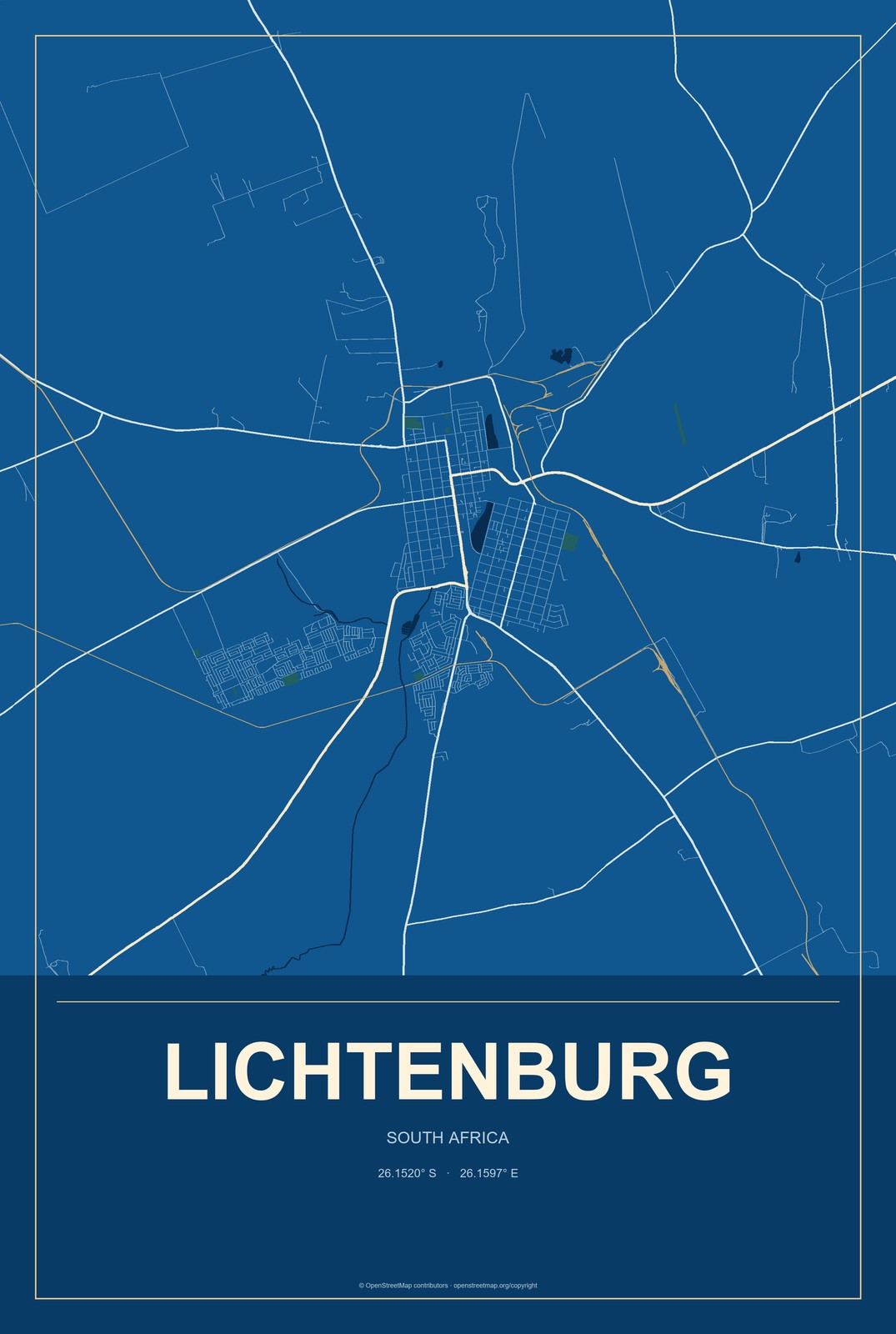 Lichtenburg, South Africa City Map Aluminum Sign in Harbor Cobalt style