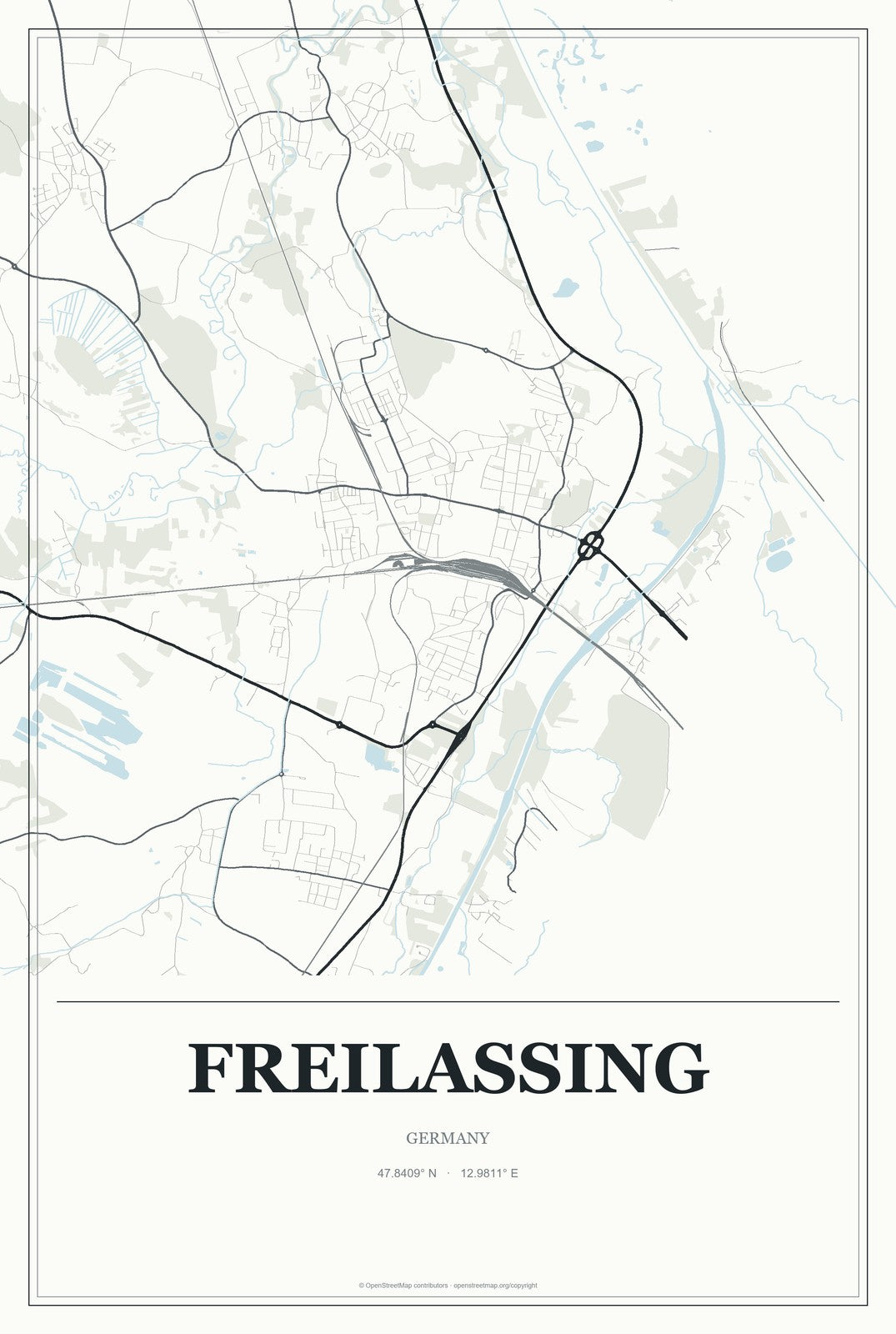 Freilassing, Germany City Map Aluminum Sign in Gallery Air style