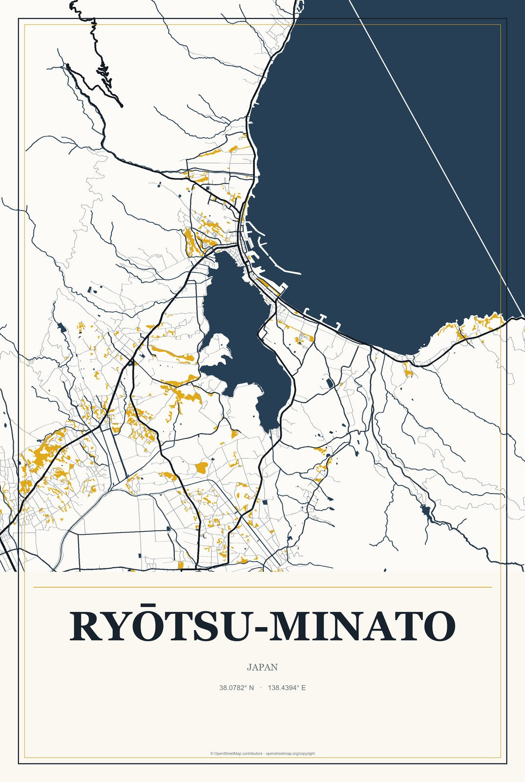 Ryōtsu-minato, Japan City Map Aluminum Sign in Citrine Modern style