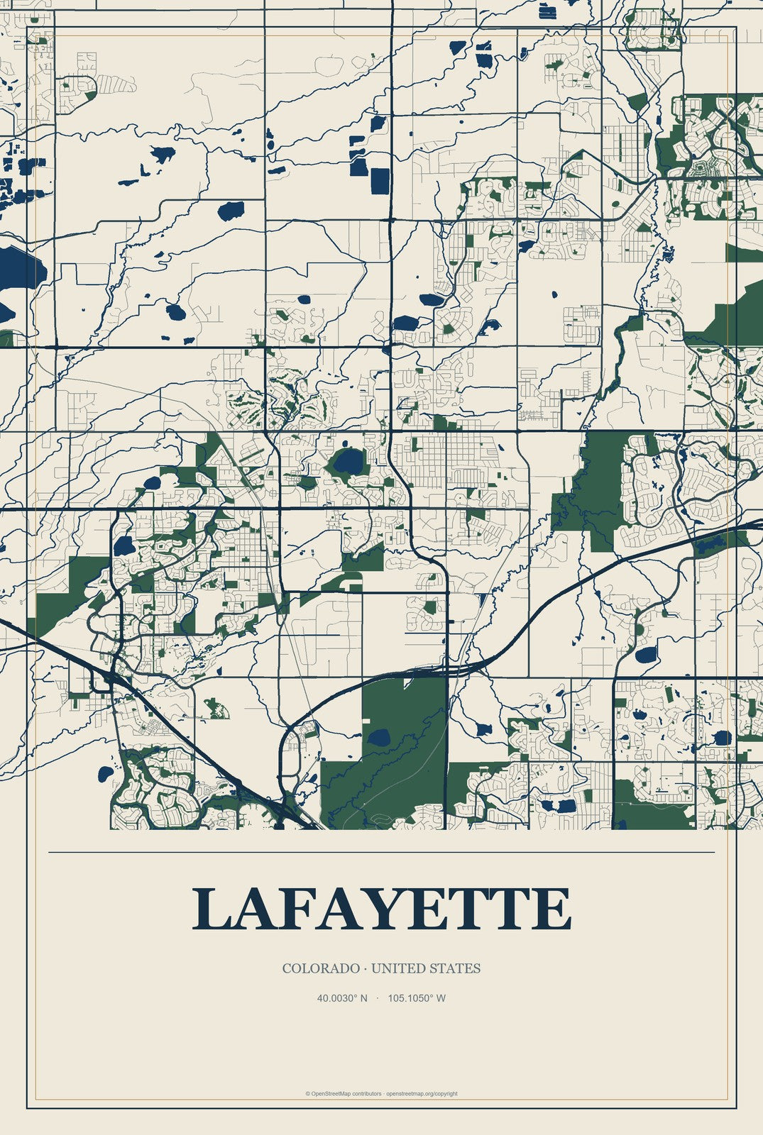 Lafayette, Colorado City Map Aluminum Sign in Coastal Cutout style