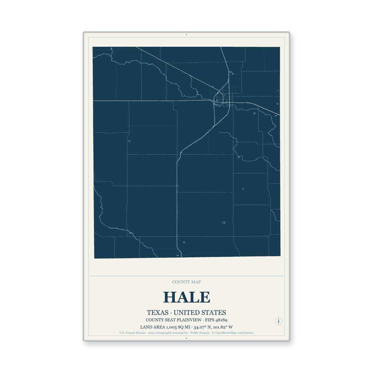 Hale County, Texas Map Aluminum Sign in Coastal Cutout style