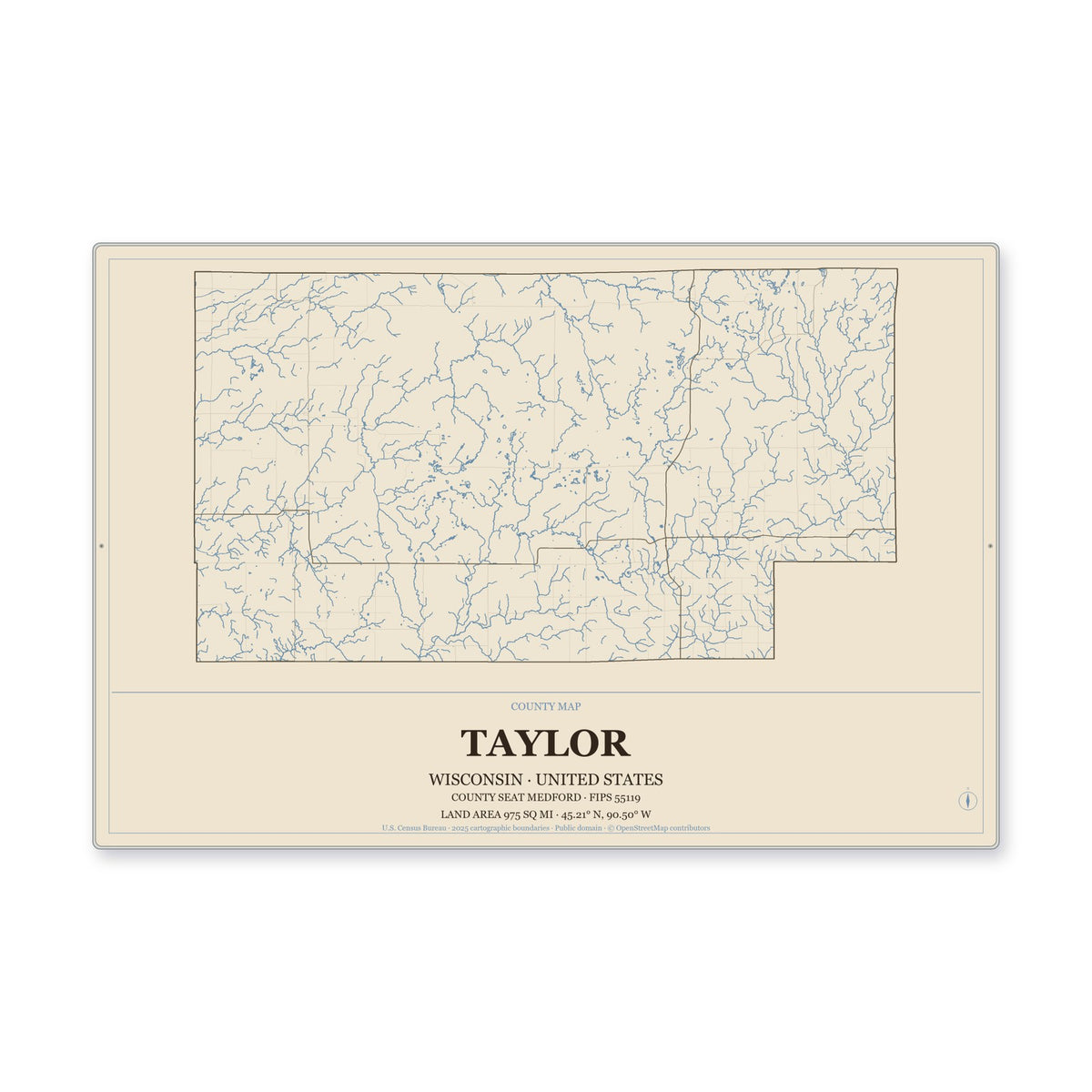 Taylor County, Wisconsin Map Aluminum Sign in Heritage Nautical style