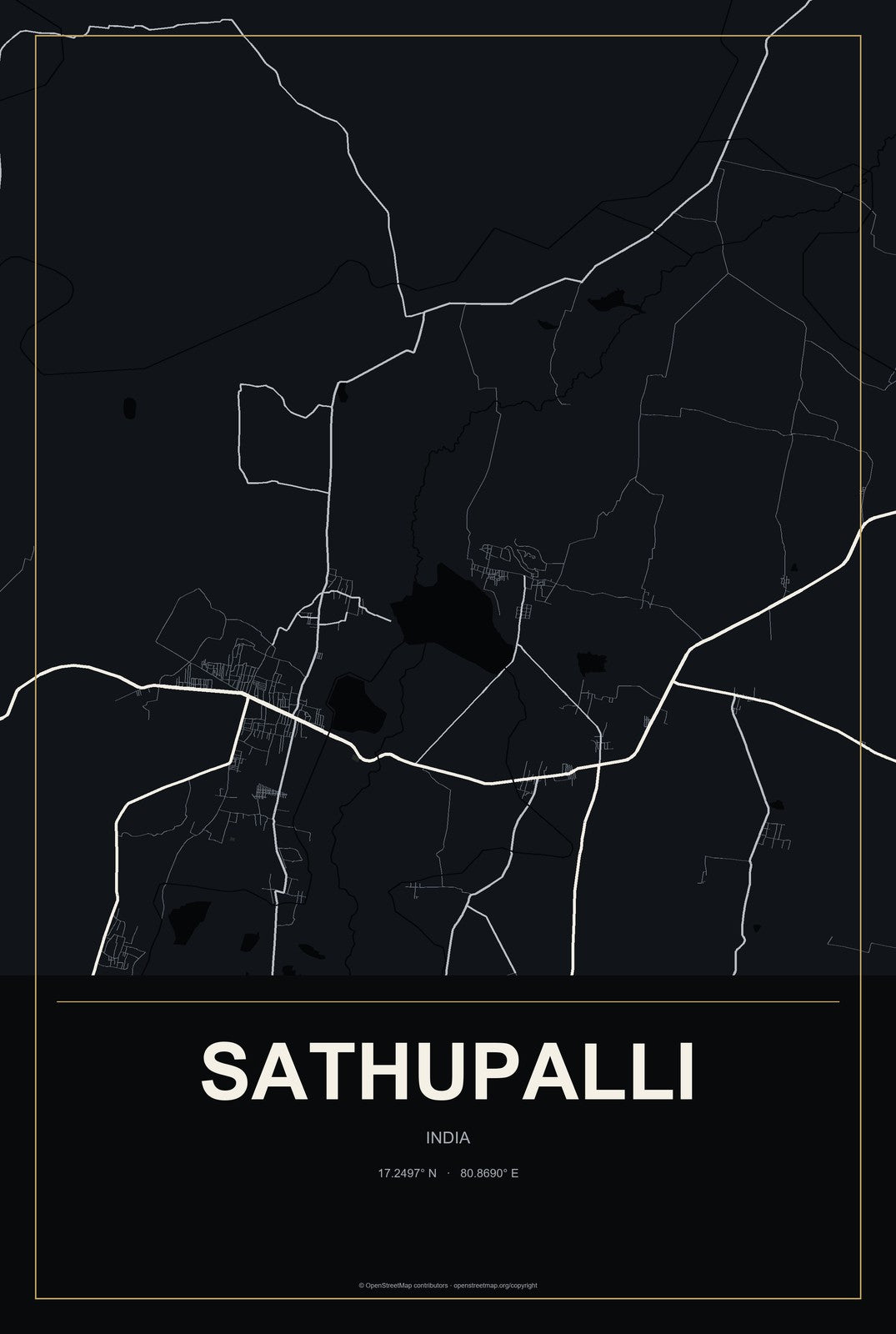 Sathupalli, India City Map Aluminum Sign in Metropolitan Noir style