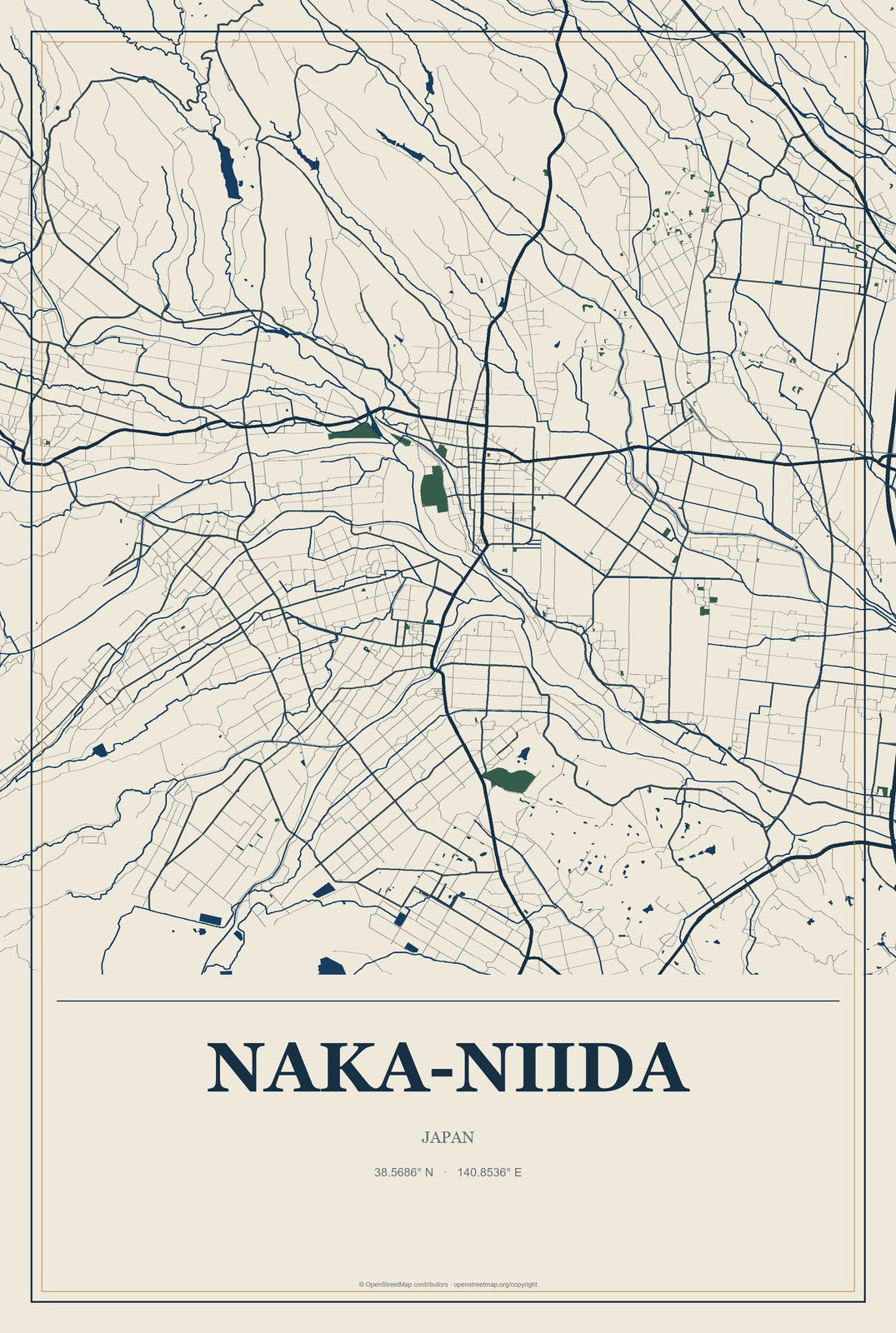 Naka-niida, Japan City Map Aluminum Sign in Coastal Cutout style