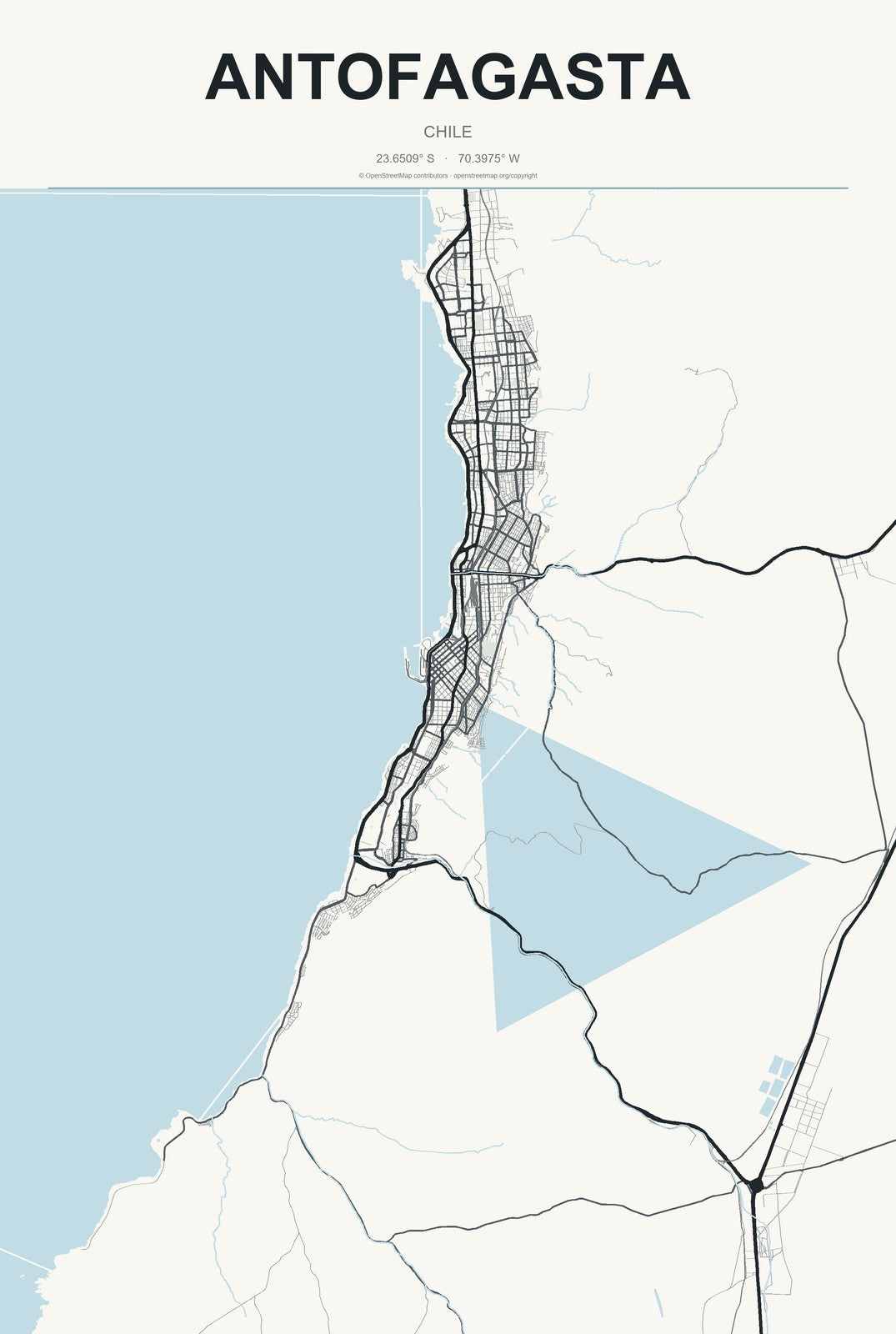 Antofagasta, Chile City Map Aluminum Sign in Headline Atlas style