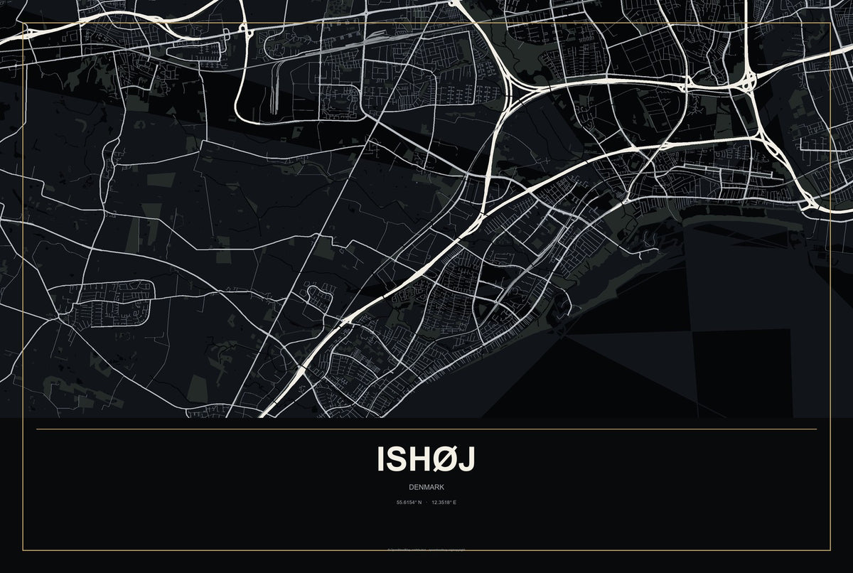 Ishøj, Denmark City Map Aluminum Sign in Metropolitan Noir style