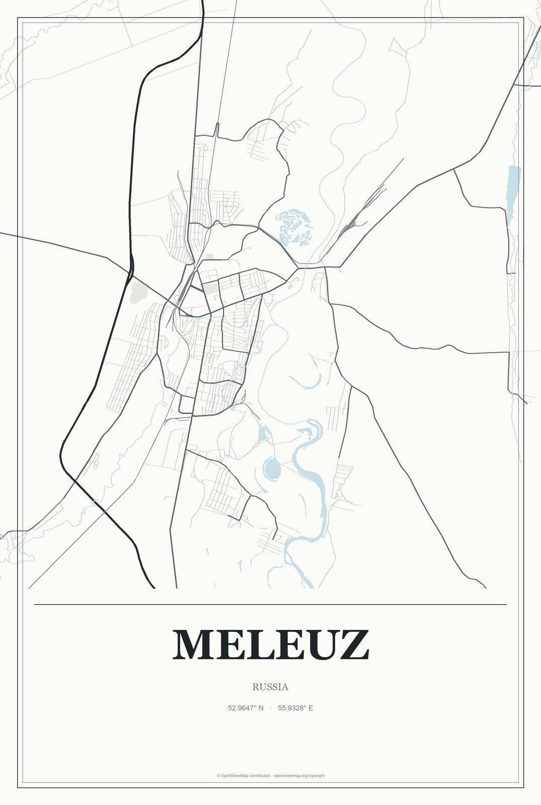 Meleuz, Russia City Map Aluminum Sign in Gallery Air style