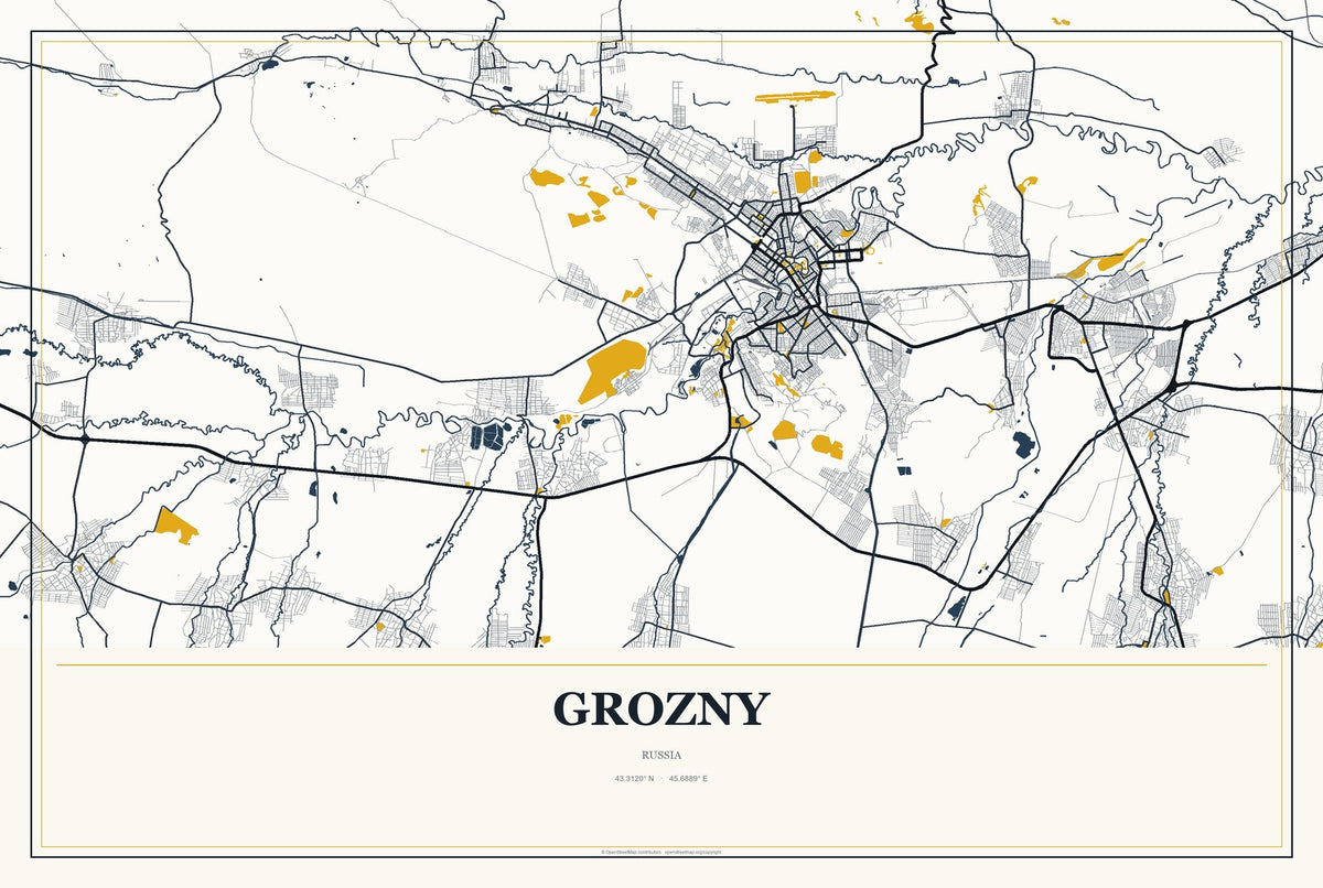 Grozny, Russia City Map Aluminum Sign in Citrine Modern style