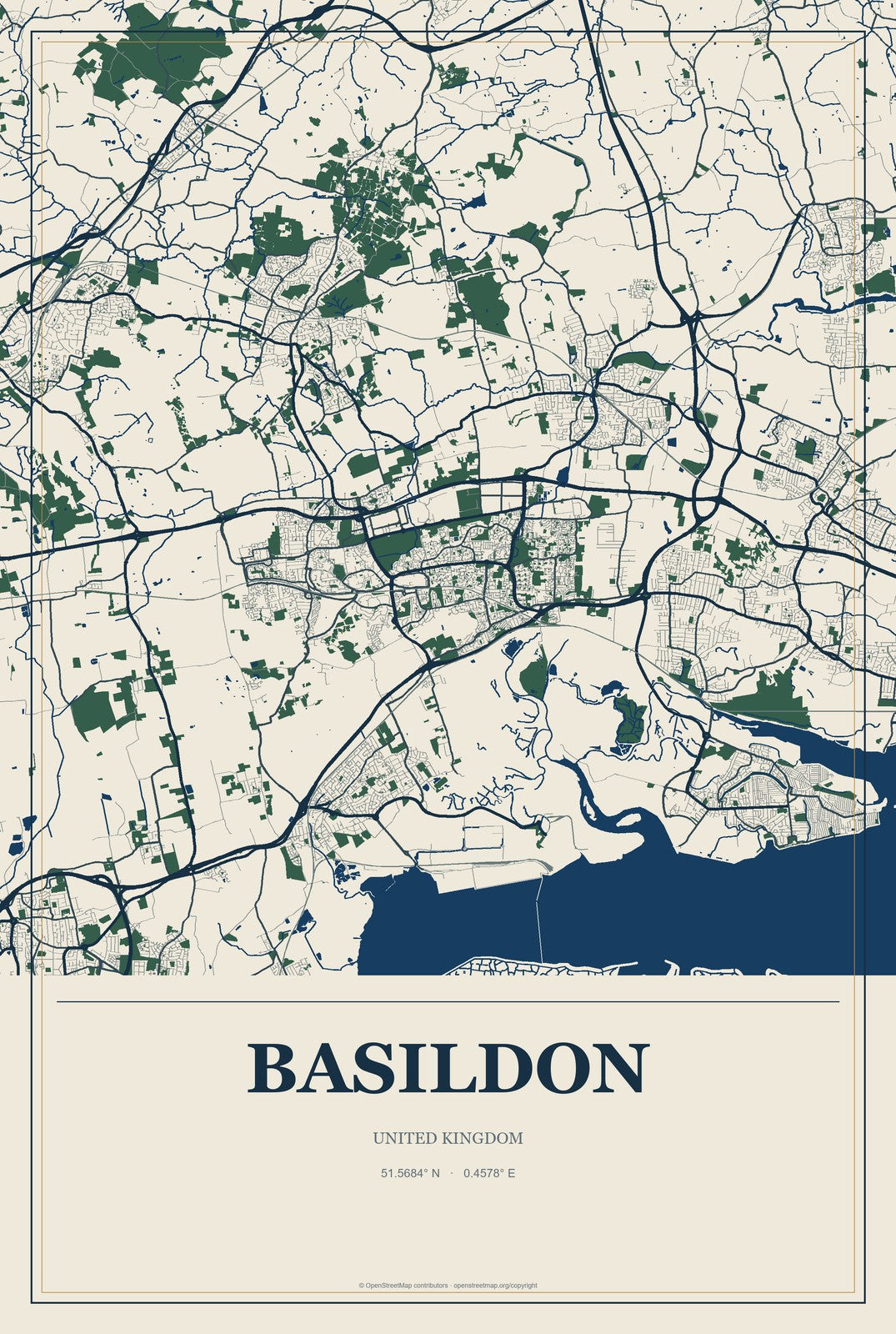 Basildon, United Kingdom City Map Aluminum Sign in Coastal Cutout style