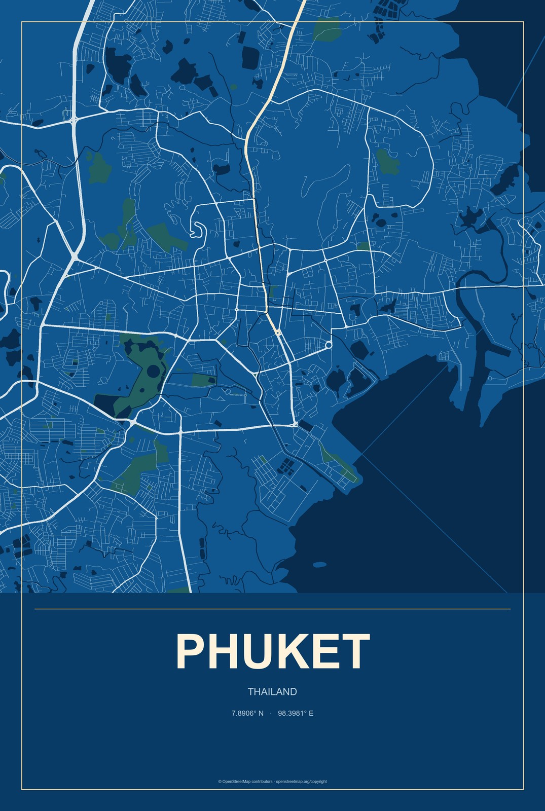 Phuket, Thailand City Map Aluminum Sign in Harbor Cobalt style