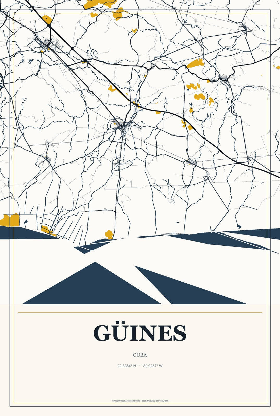 Güines, Cuba City Map Aluminum Sign in Citrine Modern style
