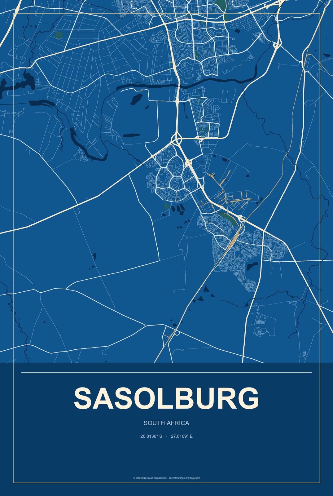 Sasolburg, South Africa City Map Aluminum Sign in Harbor Cobalt style