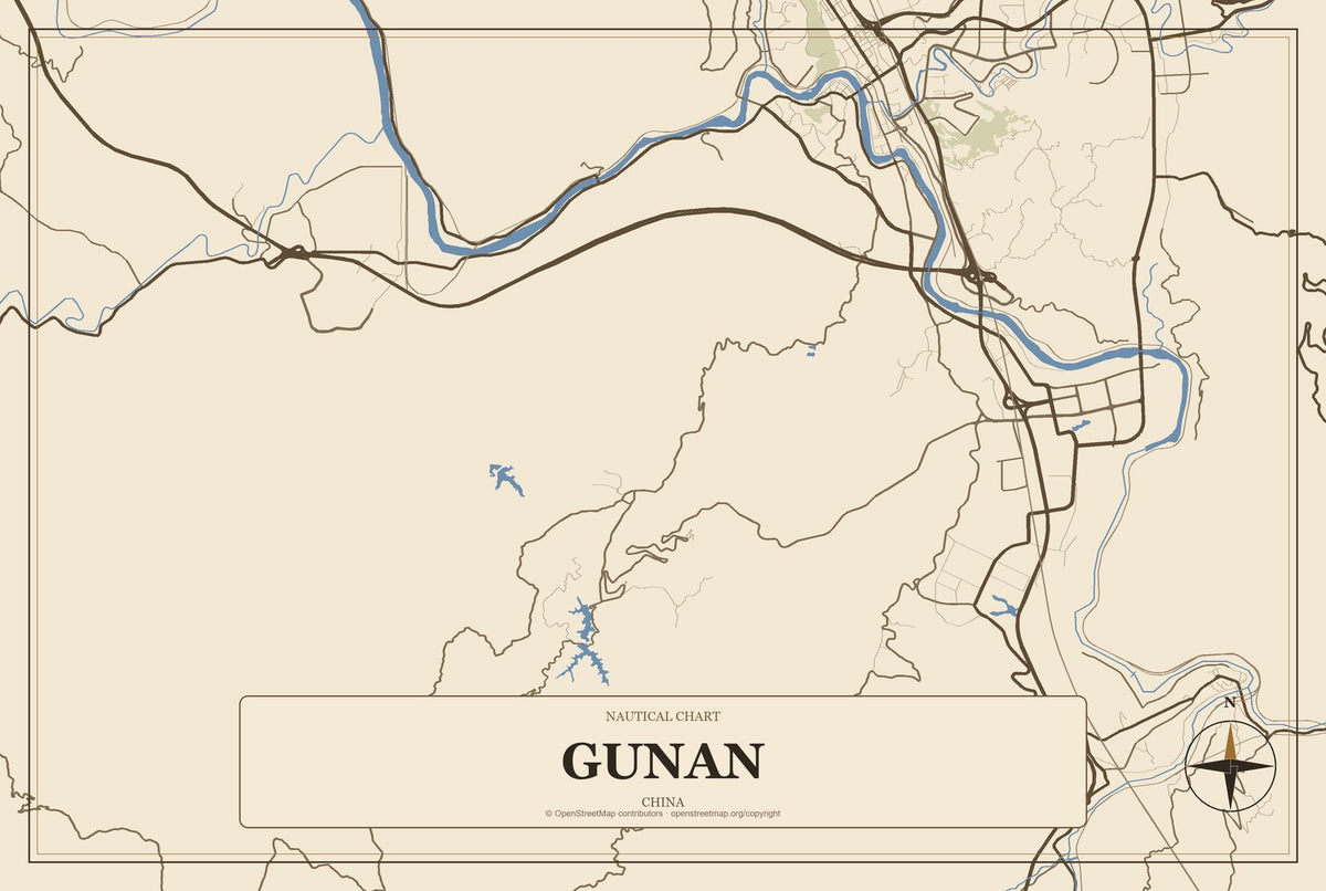 Gunan, China City Map Aluminum Sign in Heritage Nautical style