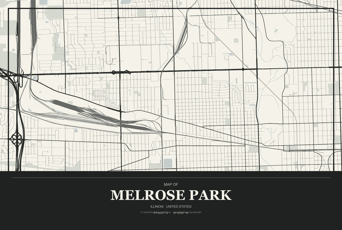Melrose Park, Illinois City Map Aluminum Sign in Museum Plaque style
