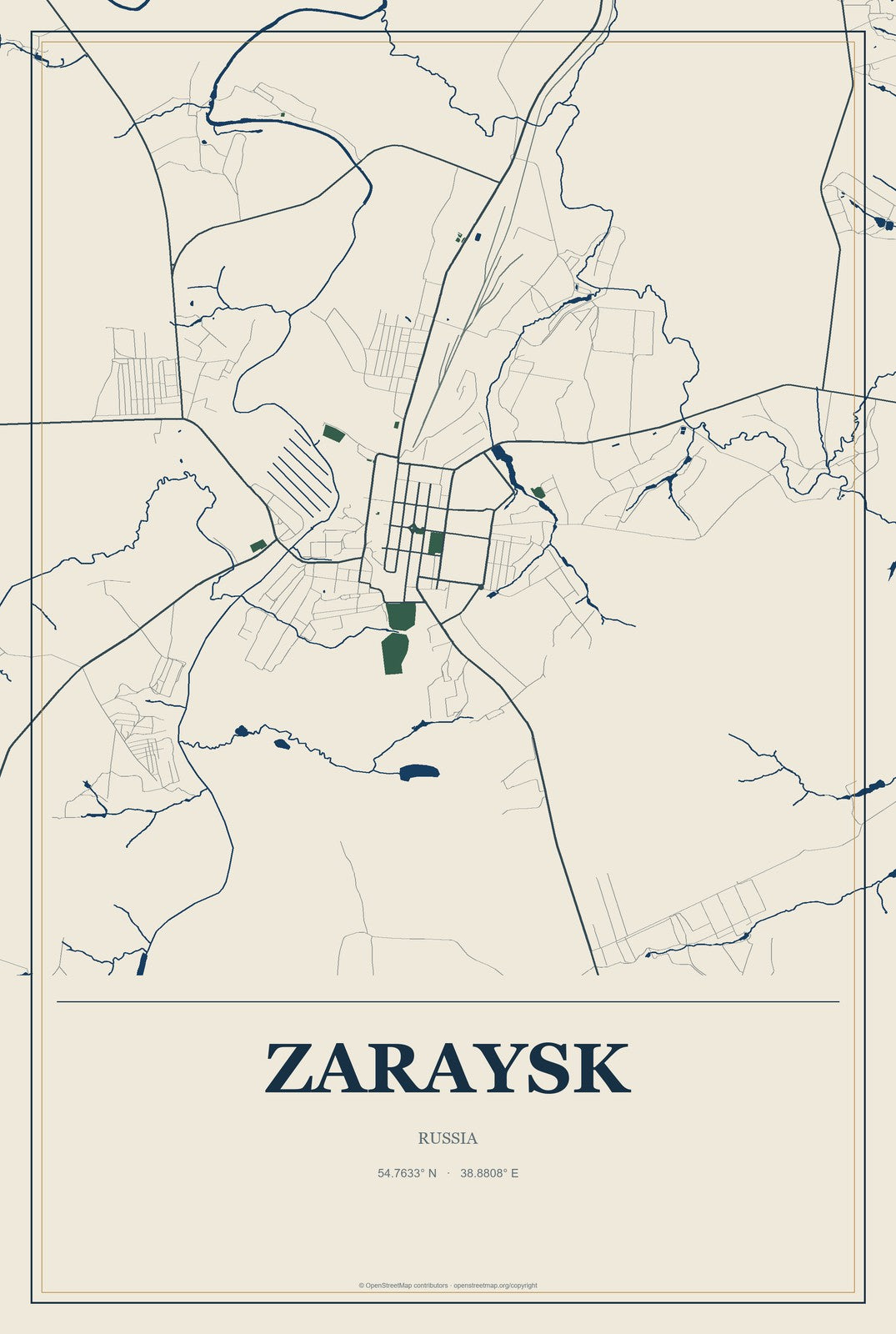 Zaraysk, Russia City Map Aluminum Sign in Coastal Cutout style