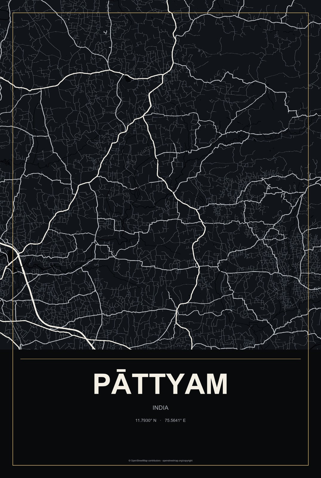 Pāttyam, India City Map Aluminum Sign in Metropolitan Noir style