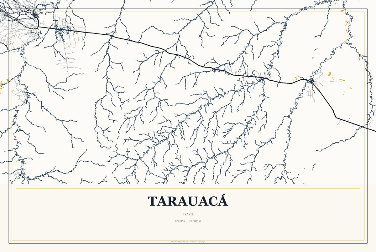 Tarauacá, Brazil City Map Aluminum Sign in Citrine Modern style