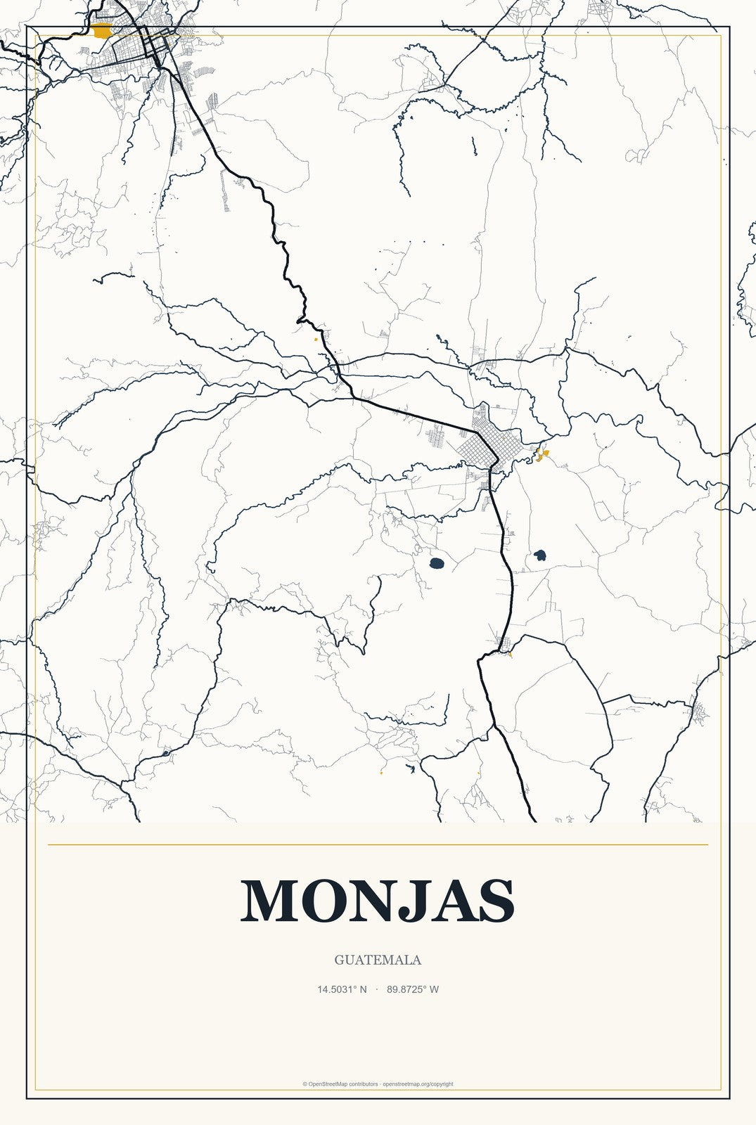 Monjas, Guatemala City Map Aluminum Sign in Citrine Modern style