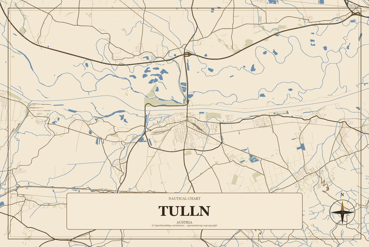 Tulln, Austria City Map Aluminum Sign in Heritage Nautical style