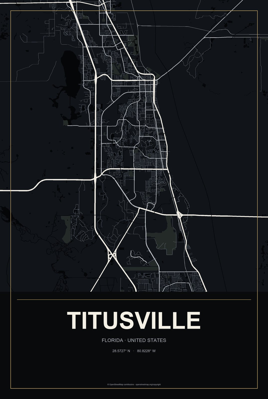 Titusville, Florida City Map Aluminum Sign in Metropolitan Noir style