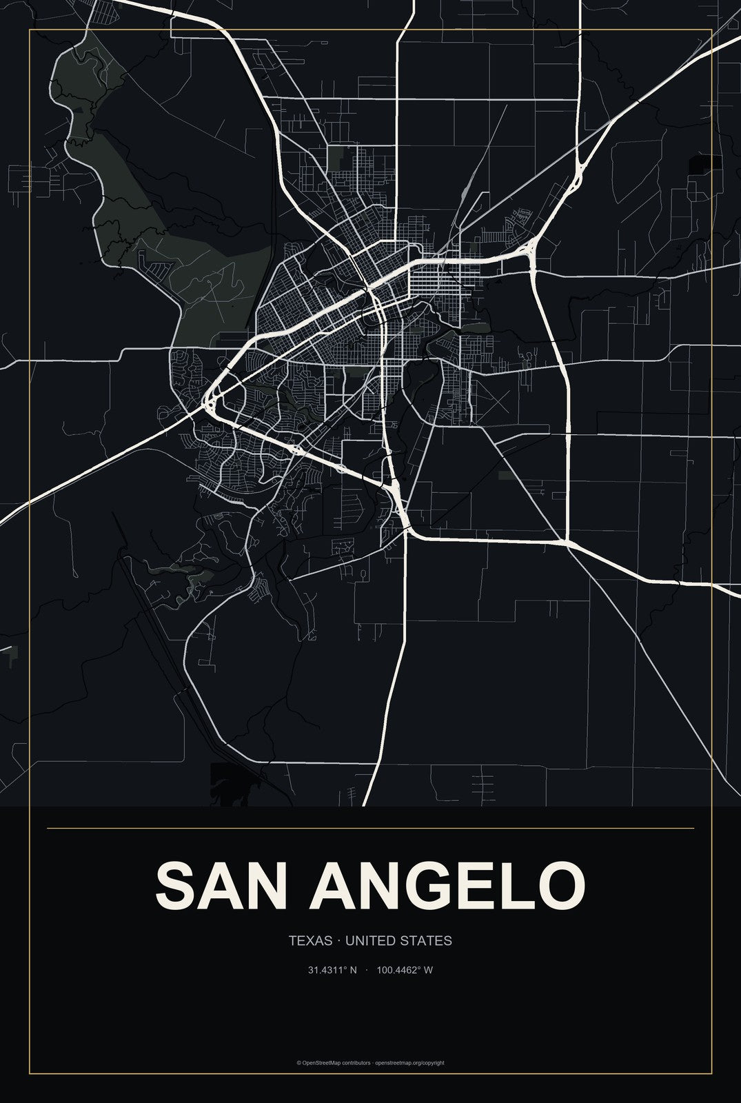 San Angelo, Texas City Map Aluminum Sign in Metropolitan Noir style