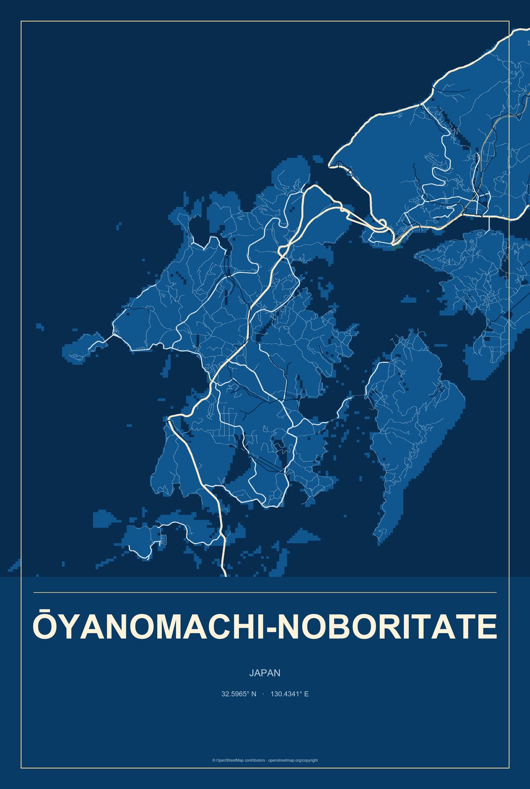 Ōyanomachi-noboritate, Japan City Map Aluminum Sign in Harbor Cobalt style