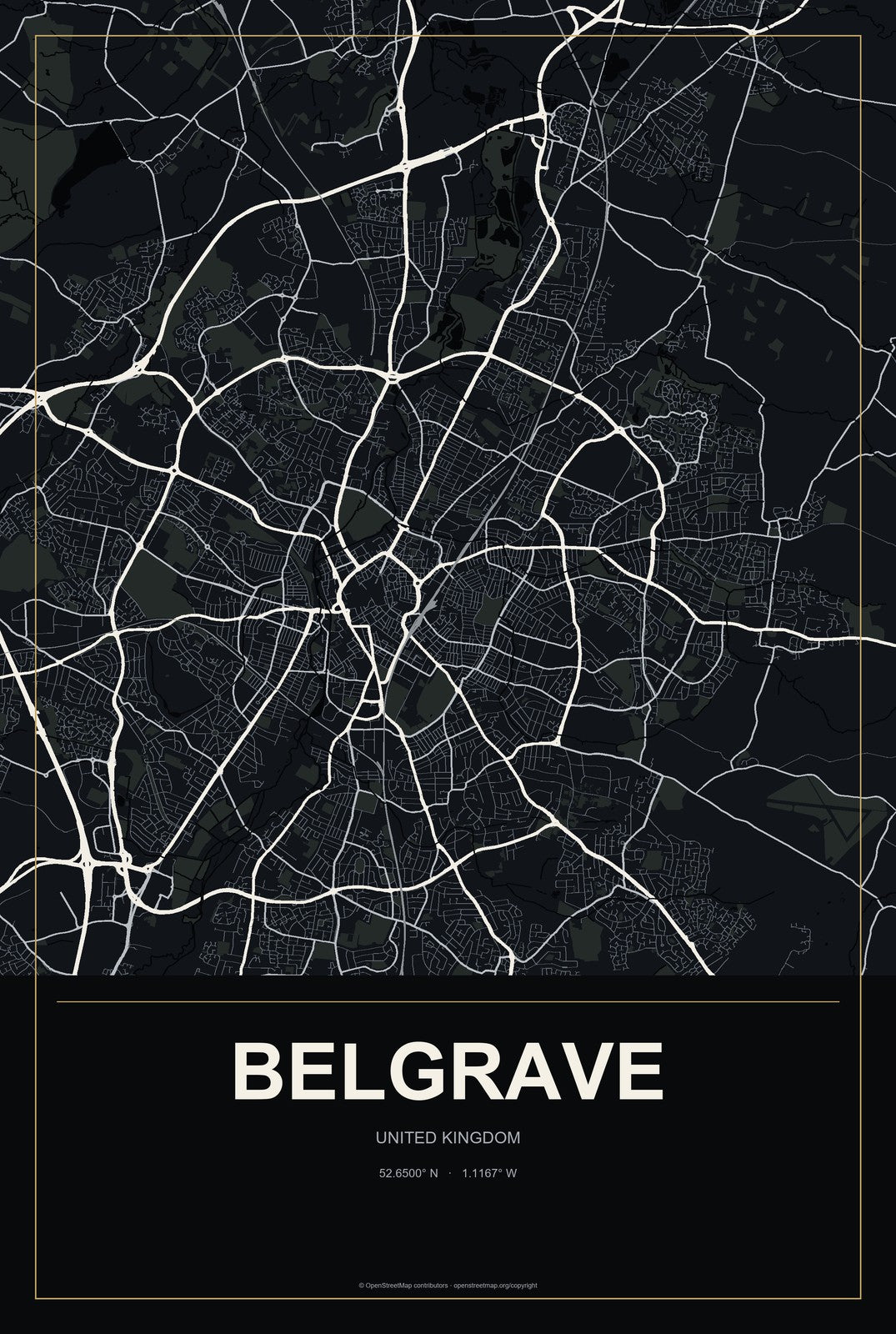 Belgrave, United Kingdom City Map Aluminum Sign in Metropolitan Noir style