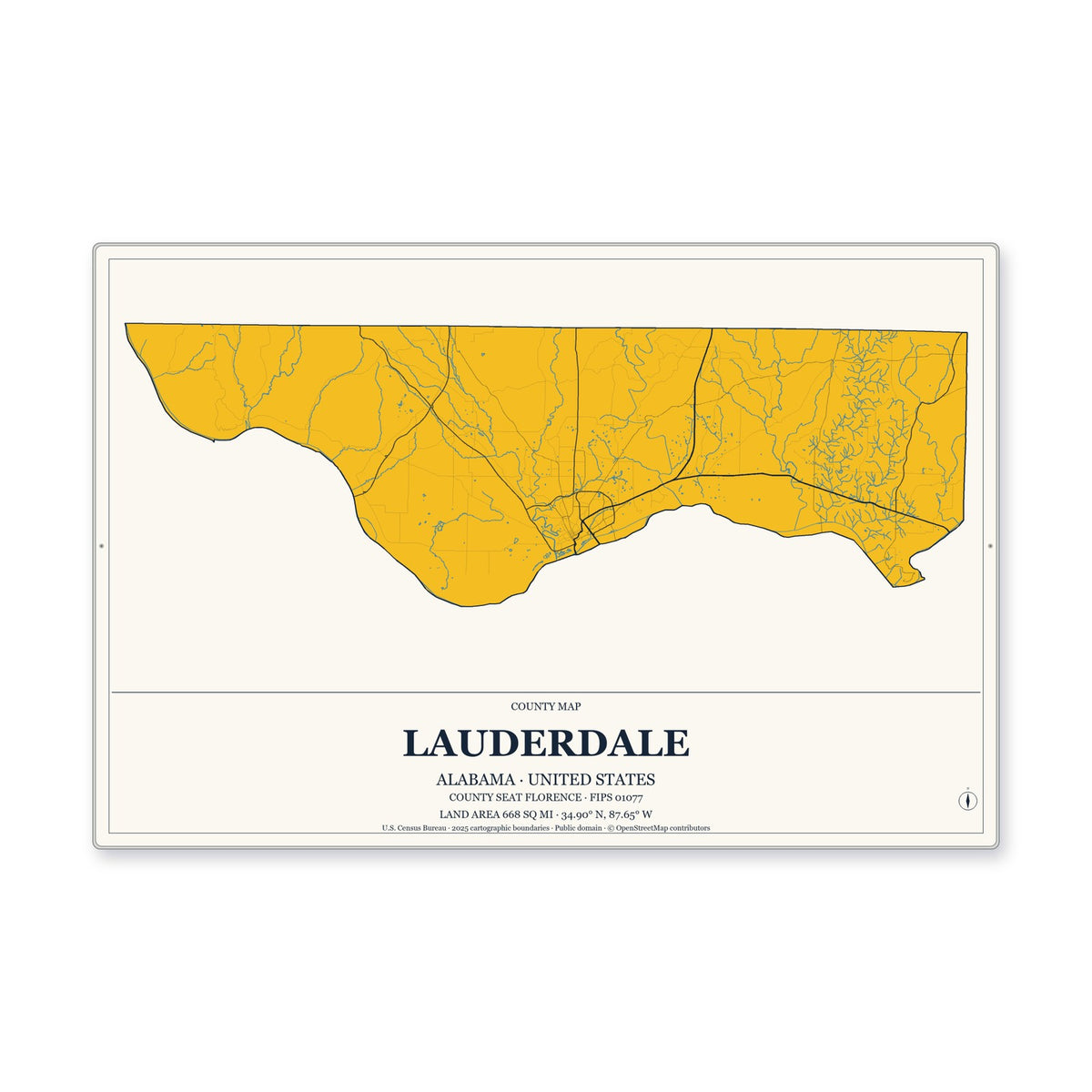 Lauderdale County, Alabama Map Aluminum Sign in Citrine Modern style