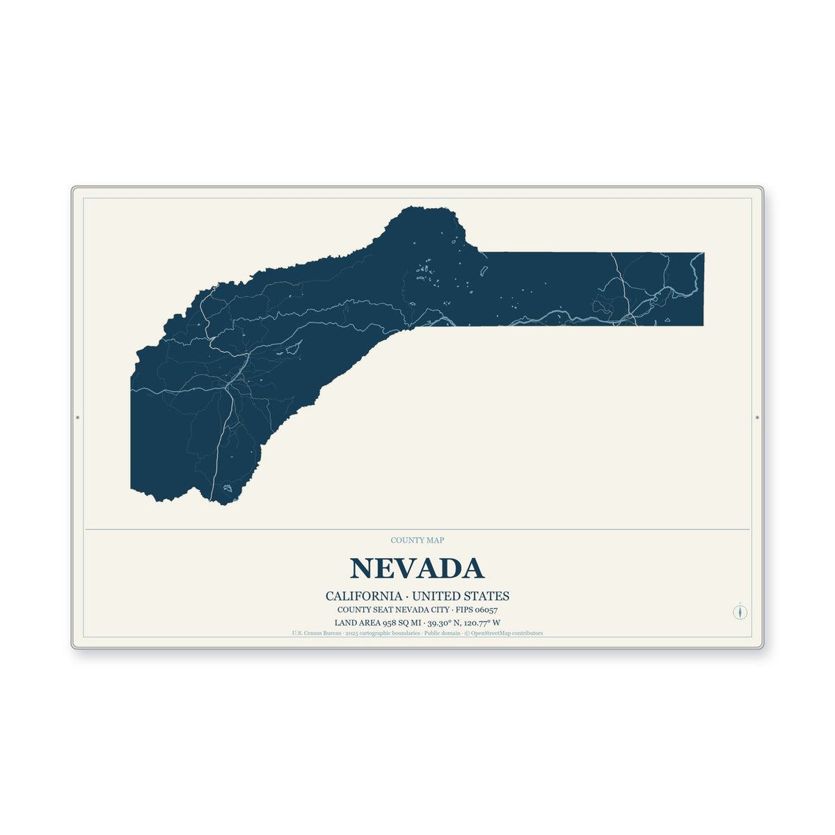 Nevada County, California Map Aluminum Sign in Coastal Cutout style