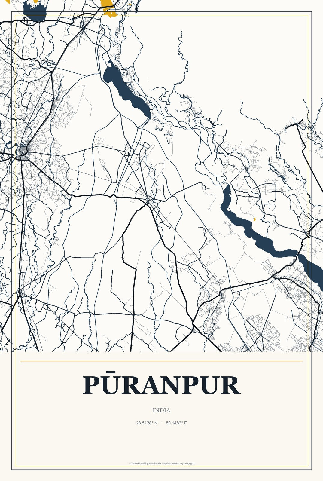 Pūranpur, India City Map Aluminum Sign in Citrine Modern style