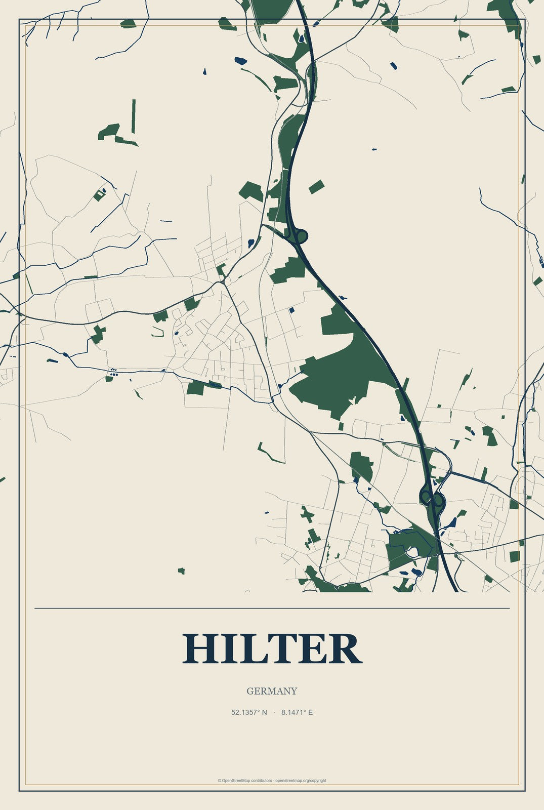 Hilter, Germany City Map Aluminum Sign in Coastal Cutout style