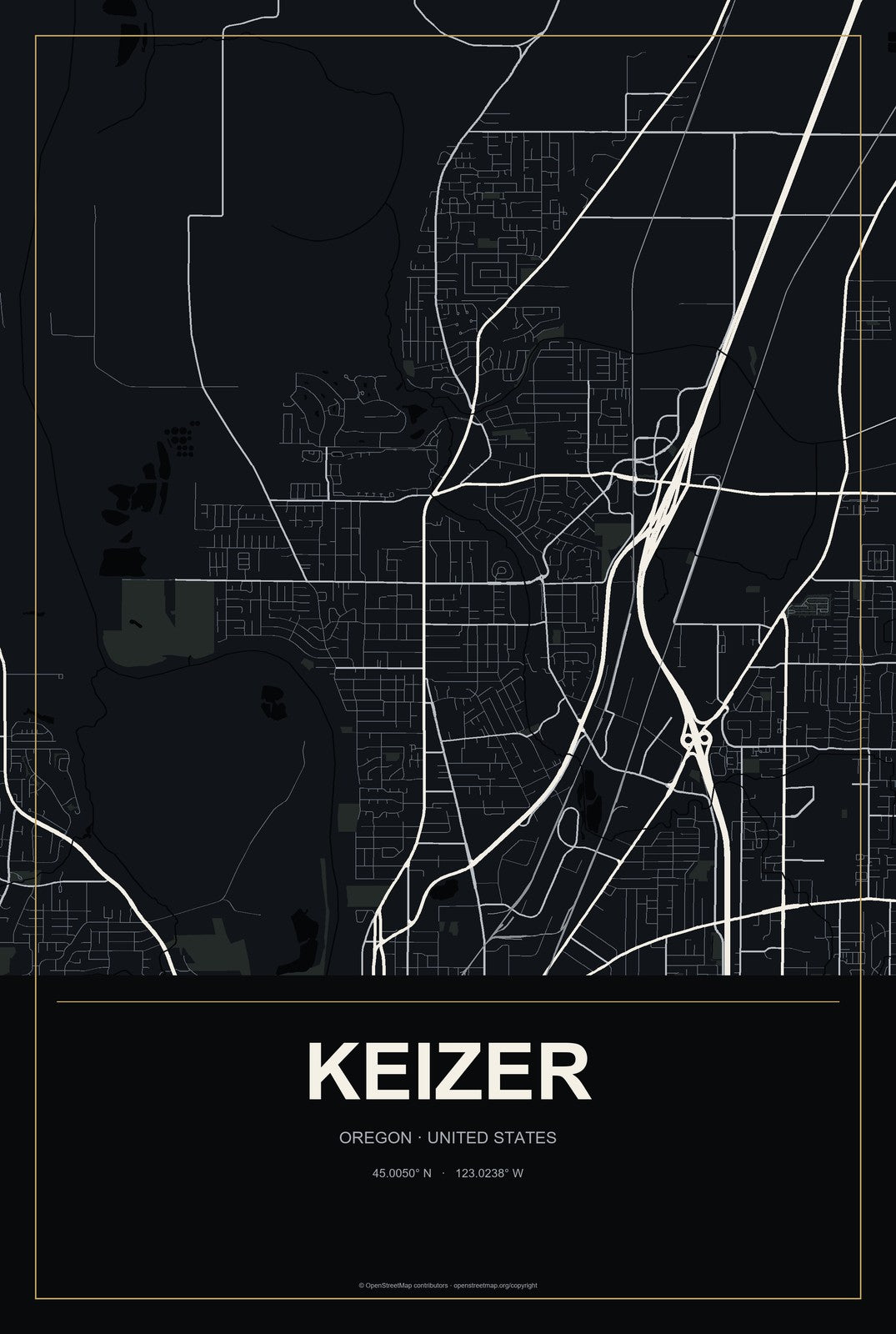 Keizer, Oregon City Map Aluminum Sign in Metropolitan Noir style