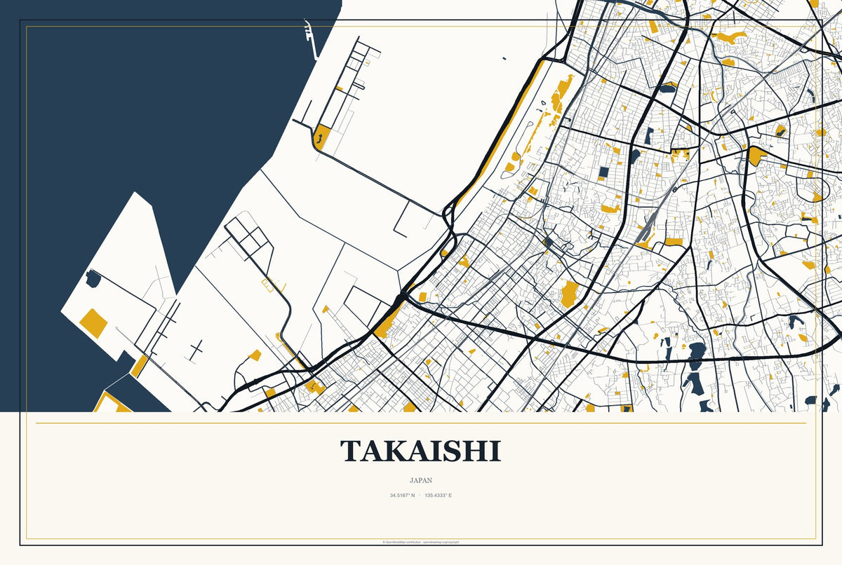 Takaishi, Japan City Map Aluminum Sign in Citrine Modern style