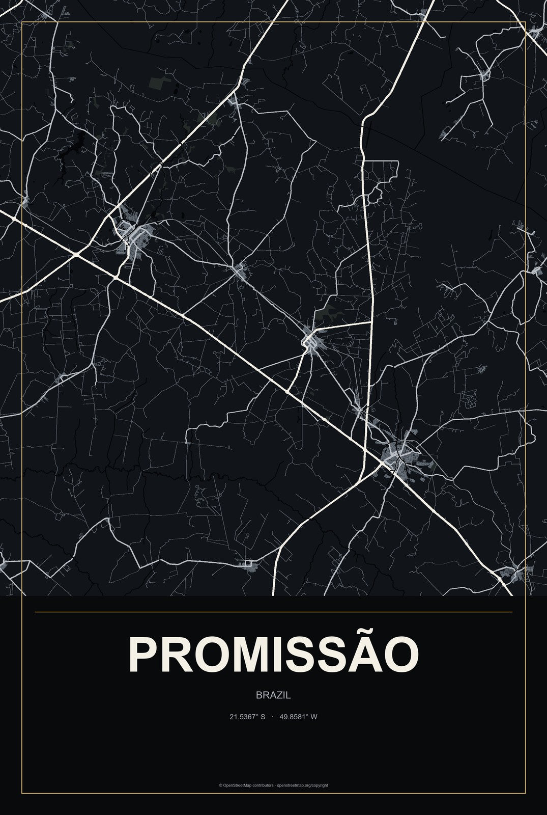 Promissão, Brazil City Map Aluminum Sign in Metropolitan Noir style