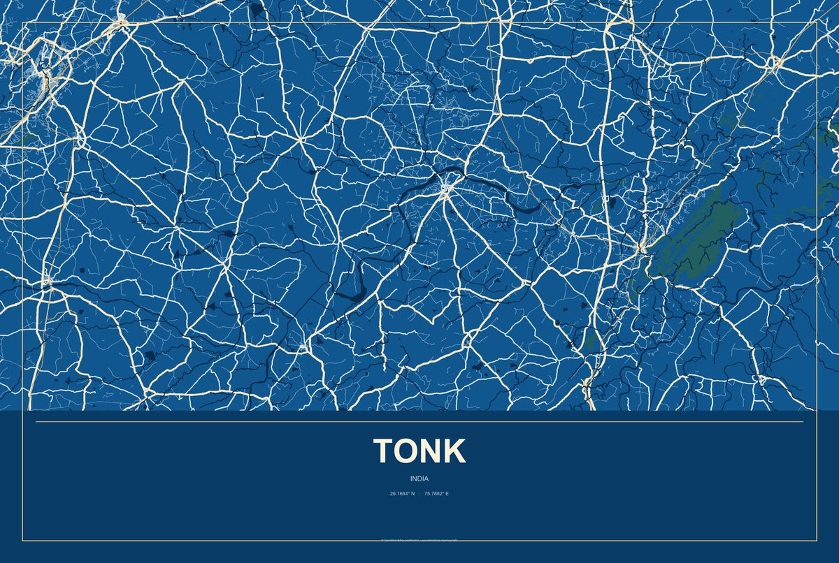 Tonk, India City Map Aluminum Sign in Harbor Cobalt style