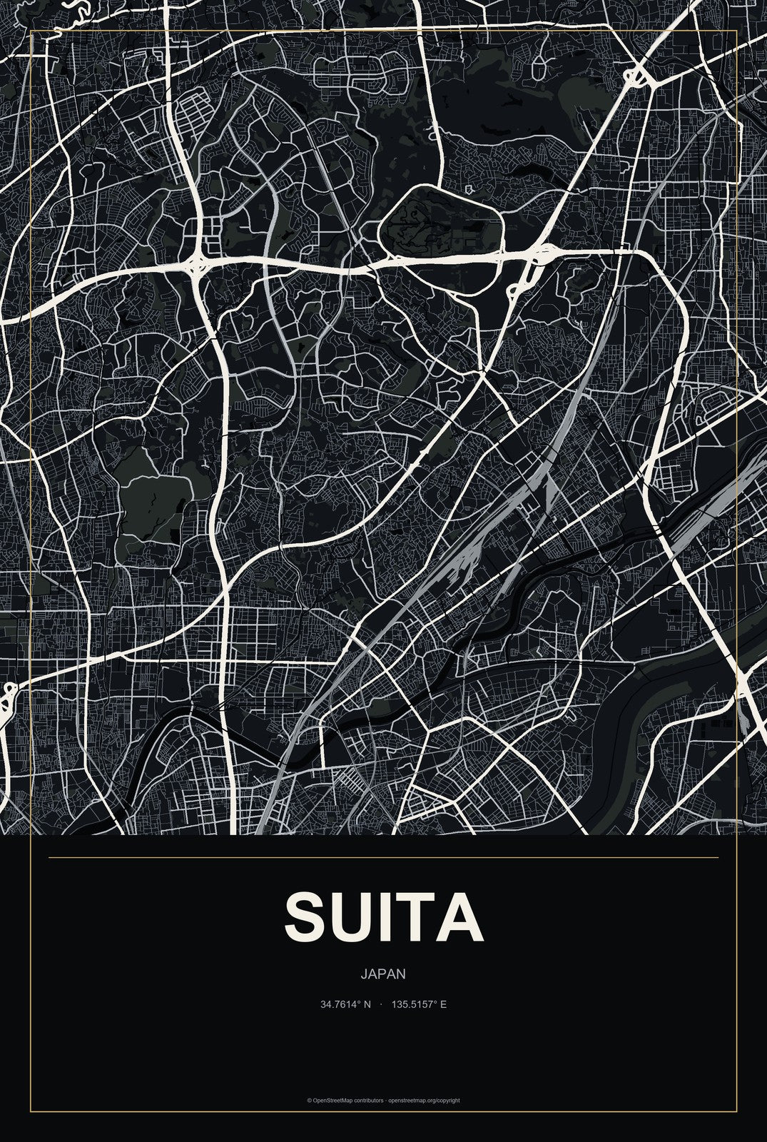 Suita, Japan City Map Aluminum Sign in Metropolitan Noir style