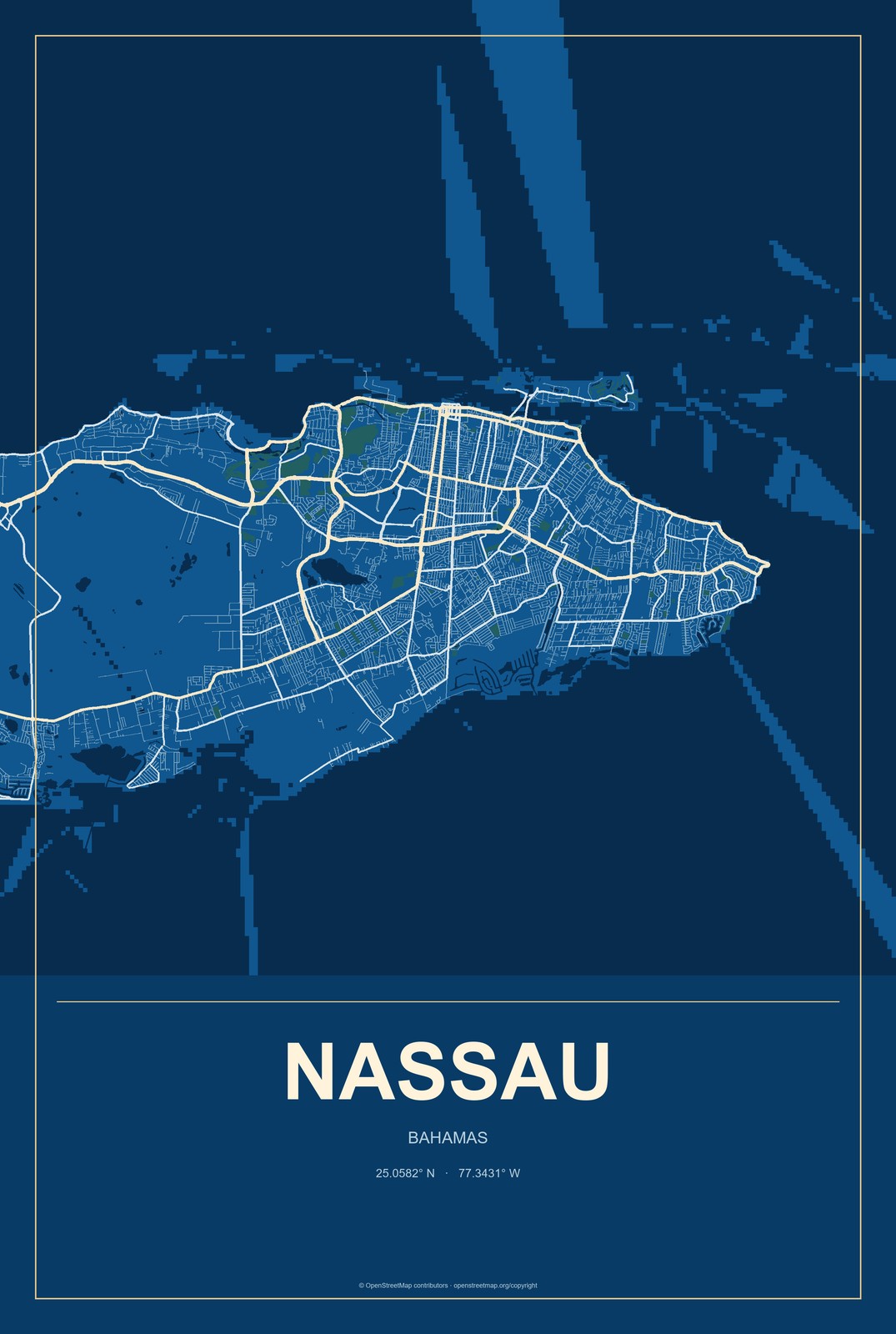 Nassau, Bahamas City Map Aluminum Sign in Harbor Cobalt style