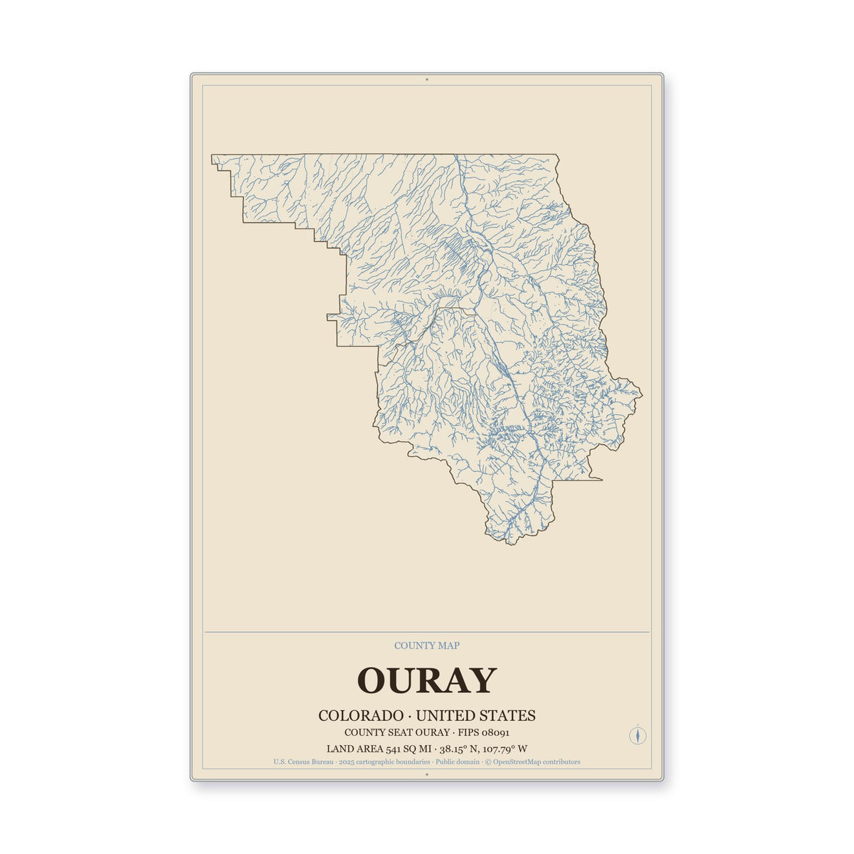 Ouray County, Colorado Map Aluminum Sign in Heritage Nautical style