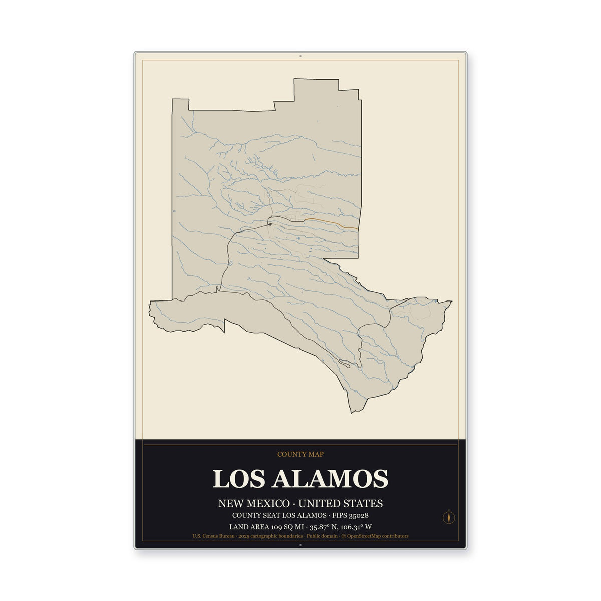 Los Alamos County, New Mexico Map Aluminum Sign in Museum Plaque style