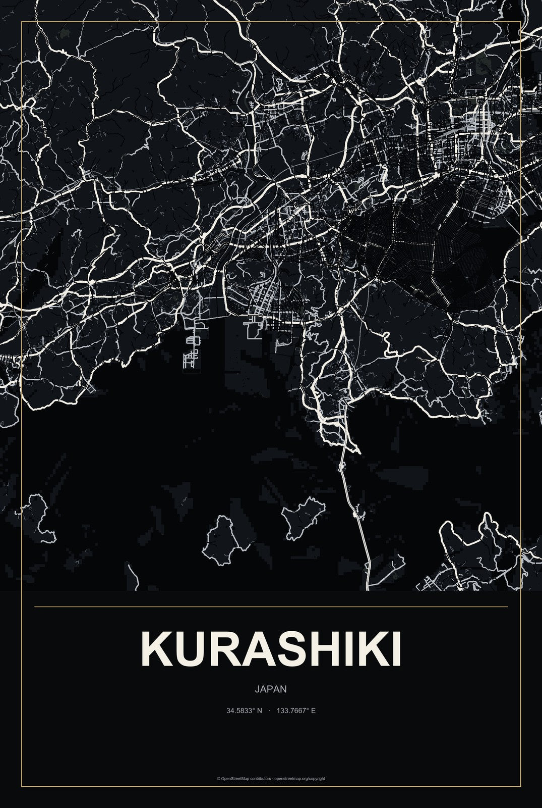 Kurashiki, Japan City Map Aluminum Sign in Metropolitan Noir style
