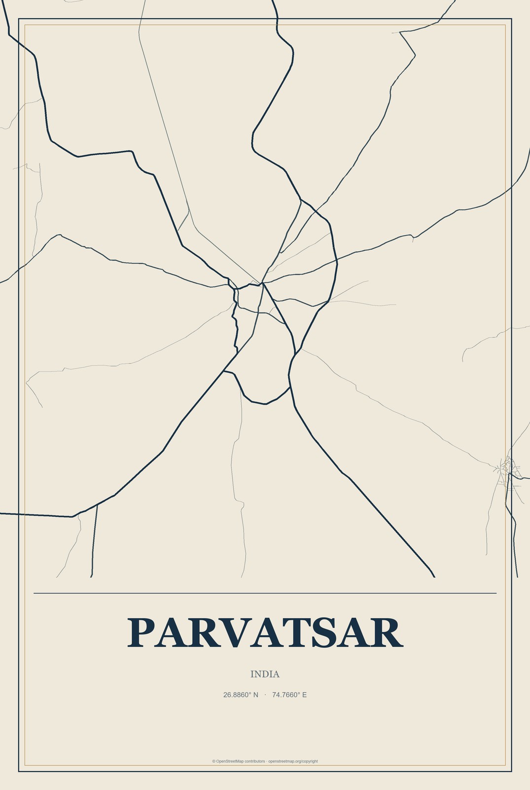 Parvatsar, India City Map Aluminum Sign in Coastal Cutout style